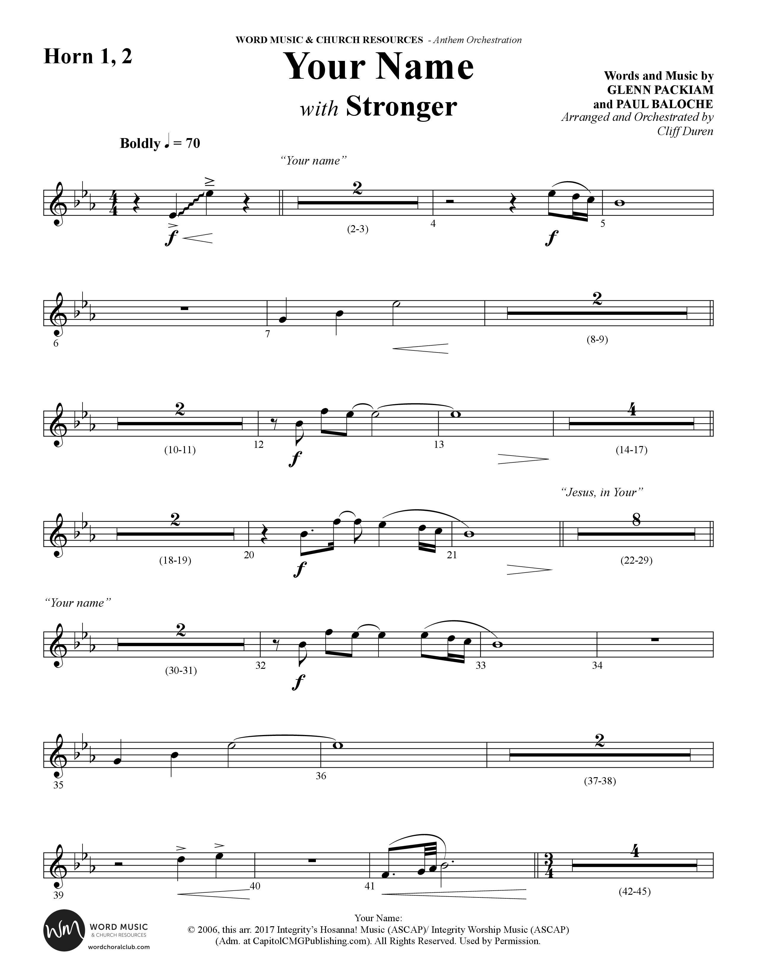 Your Name (with Stronger) (Choral Anthem SATB) French Horn 1/2 (Word Music Choral / Arr. Cliff Duren)