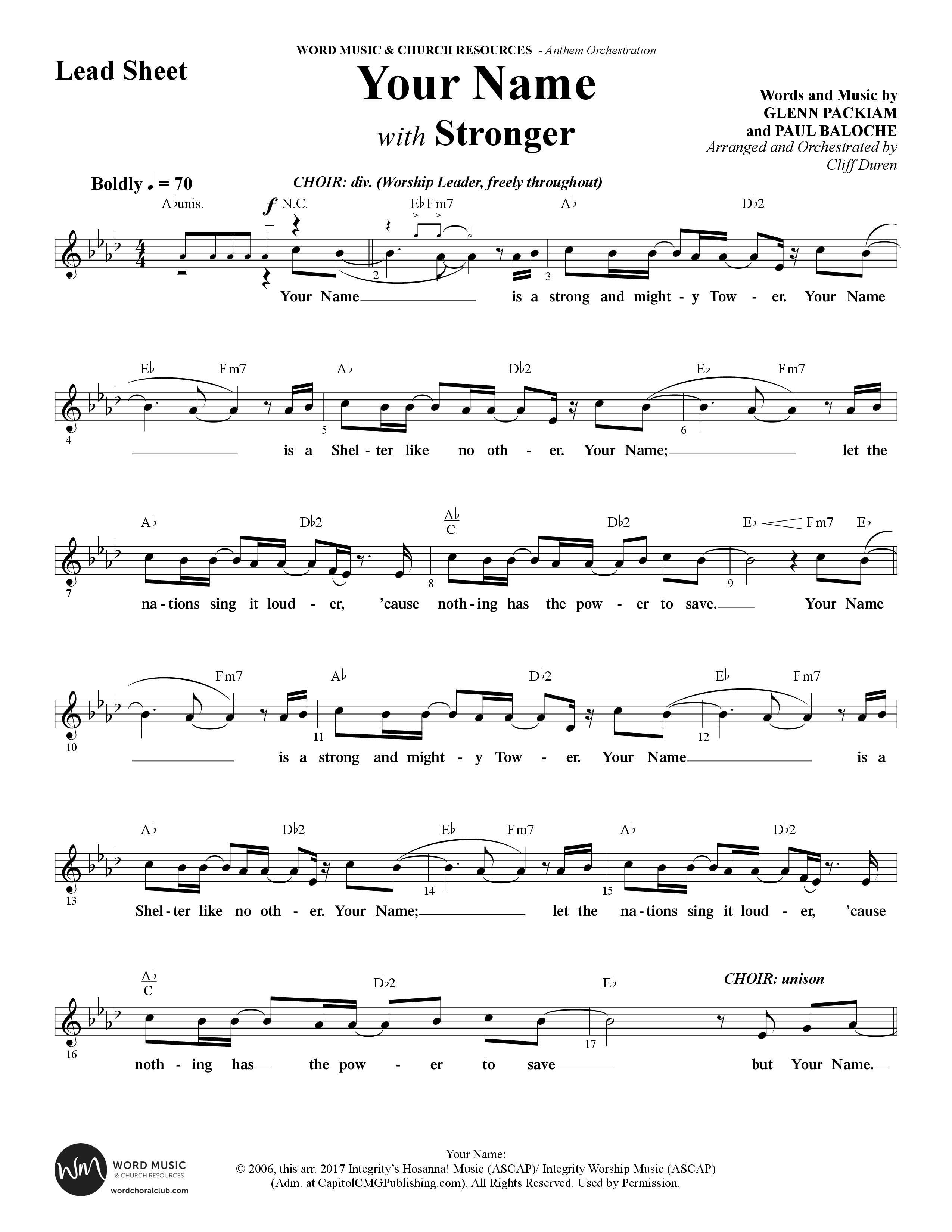 Your Name (with Stronger) (Choral Anthem SATB) Lead Sheet (Melody) (Word Music Choral / Arr. Cliff Duren)