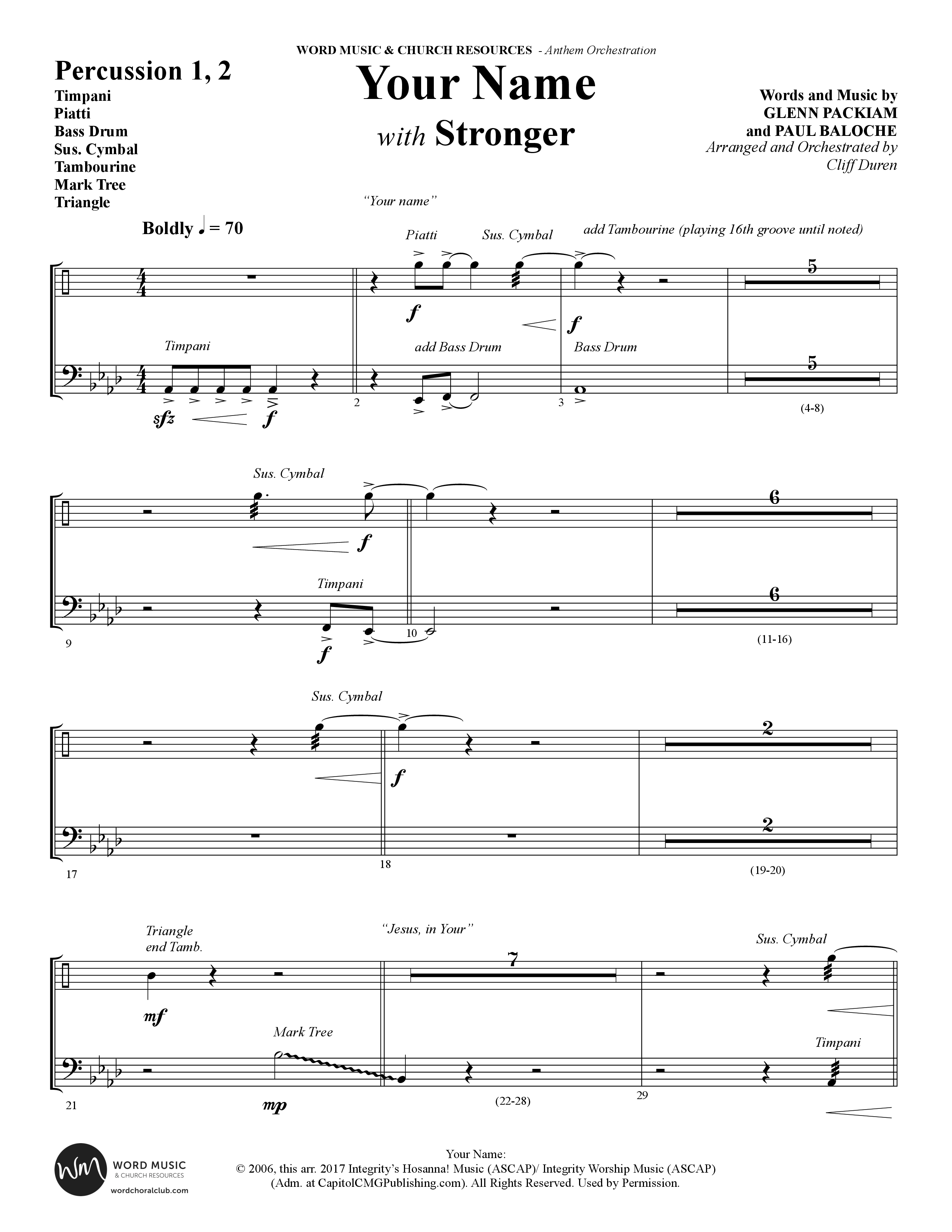 Your Name (with Stronger) (Choral Anthem SATB) Percussion 1/2 (Word Music Choral / Arr. Cliff Duren)