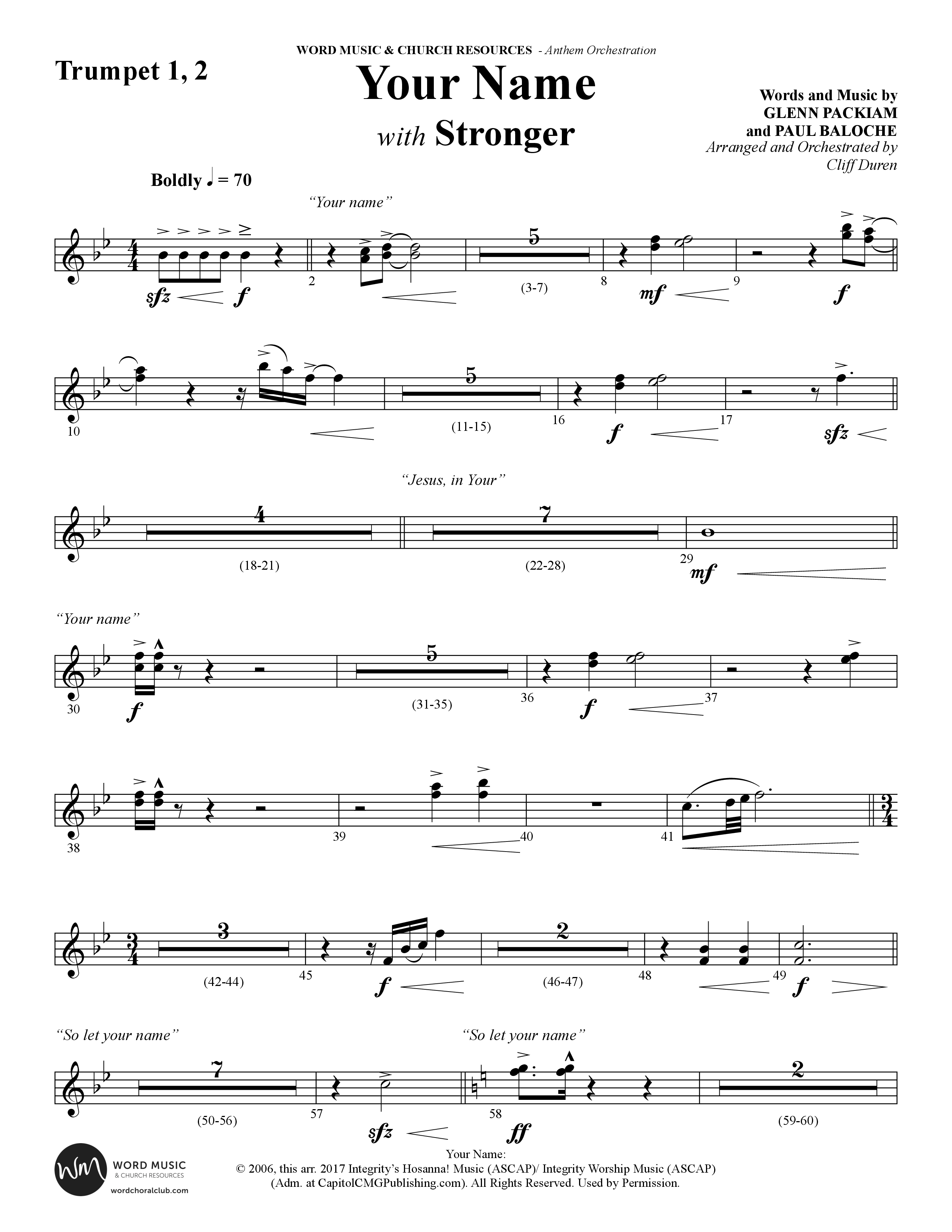 Your Name (with Stronger) (Choral Anthem SATB) Trumpet 1,2 (Word Music Choral / Arr. Cliff Duren)