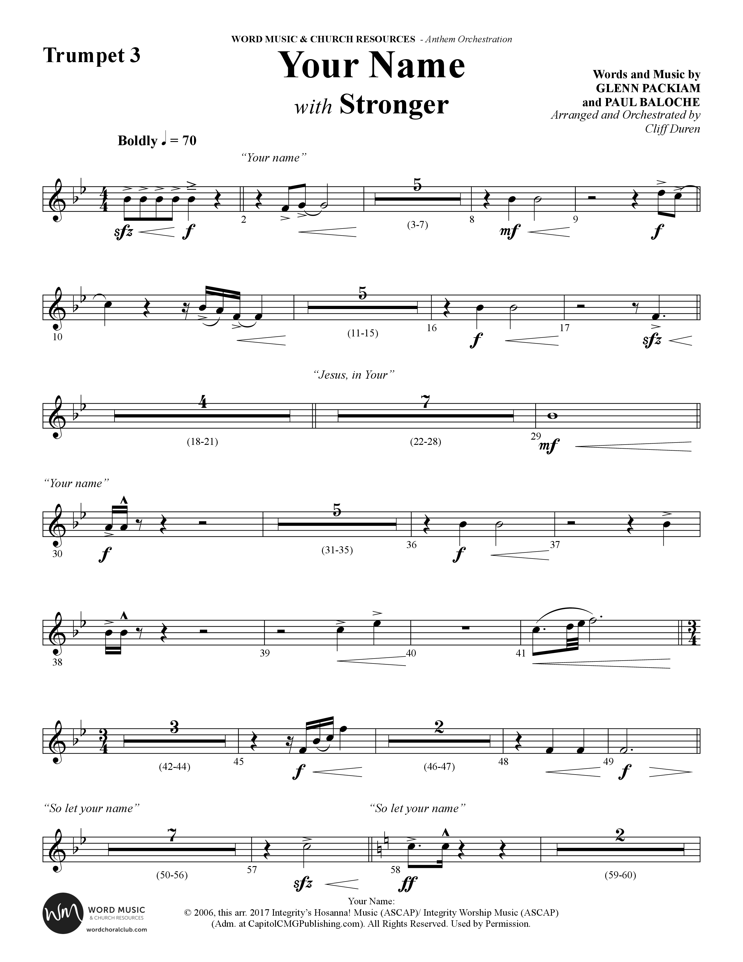 Your Name (with Stronger) (Choral Anthem SATB) Trumpet 3 (Word Music Choral / Arr. Cliff Duren)