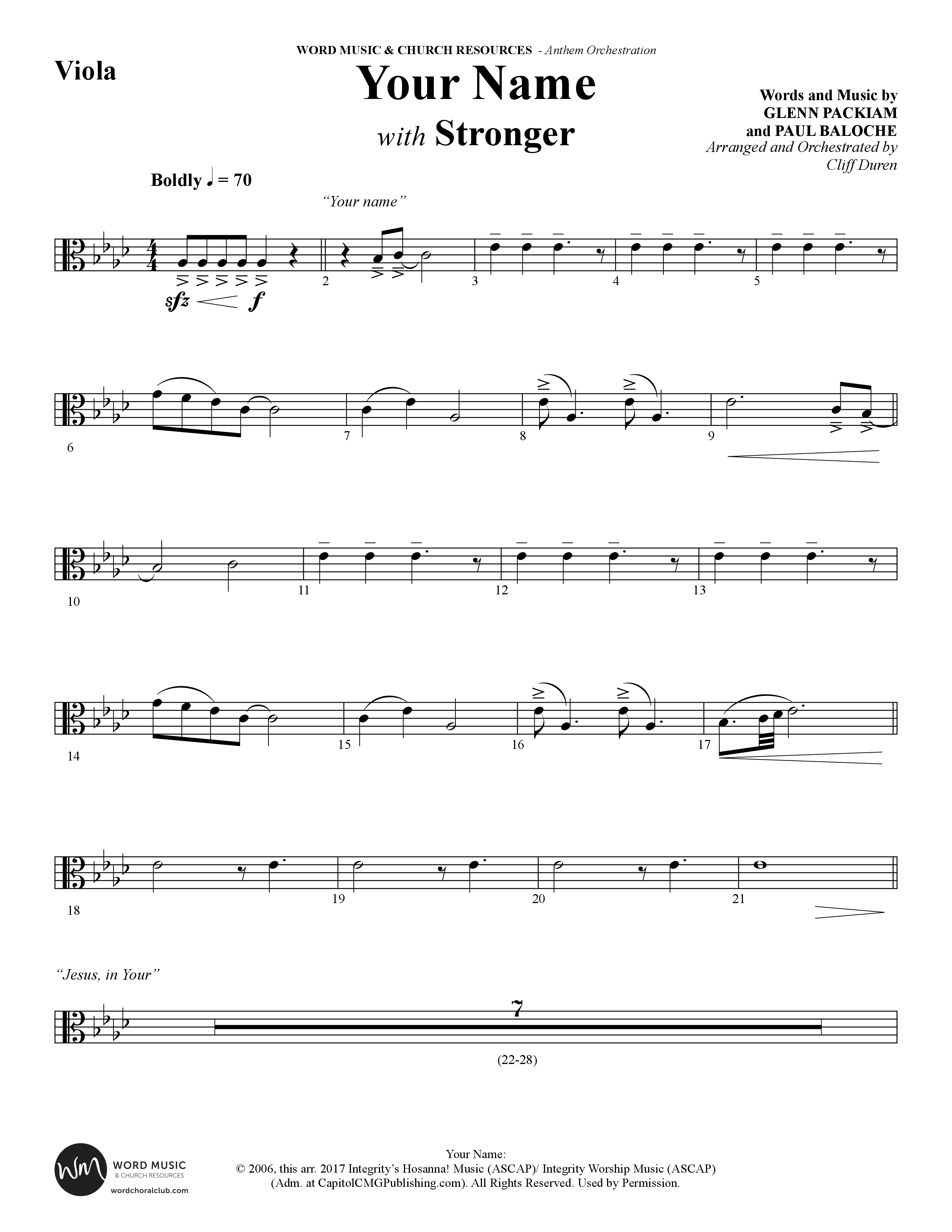 Your Name (with Stronger) (Choral Anthem SATB) Viola (Word Music Choral / Arr. Cliff Duren)