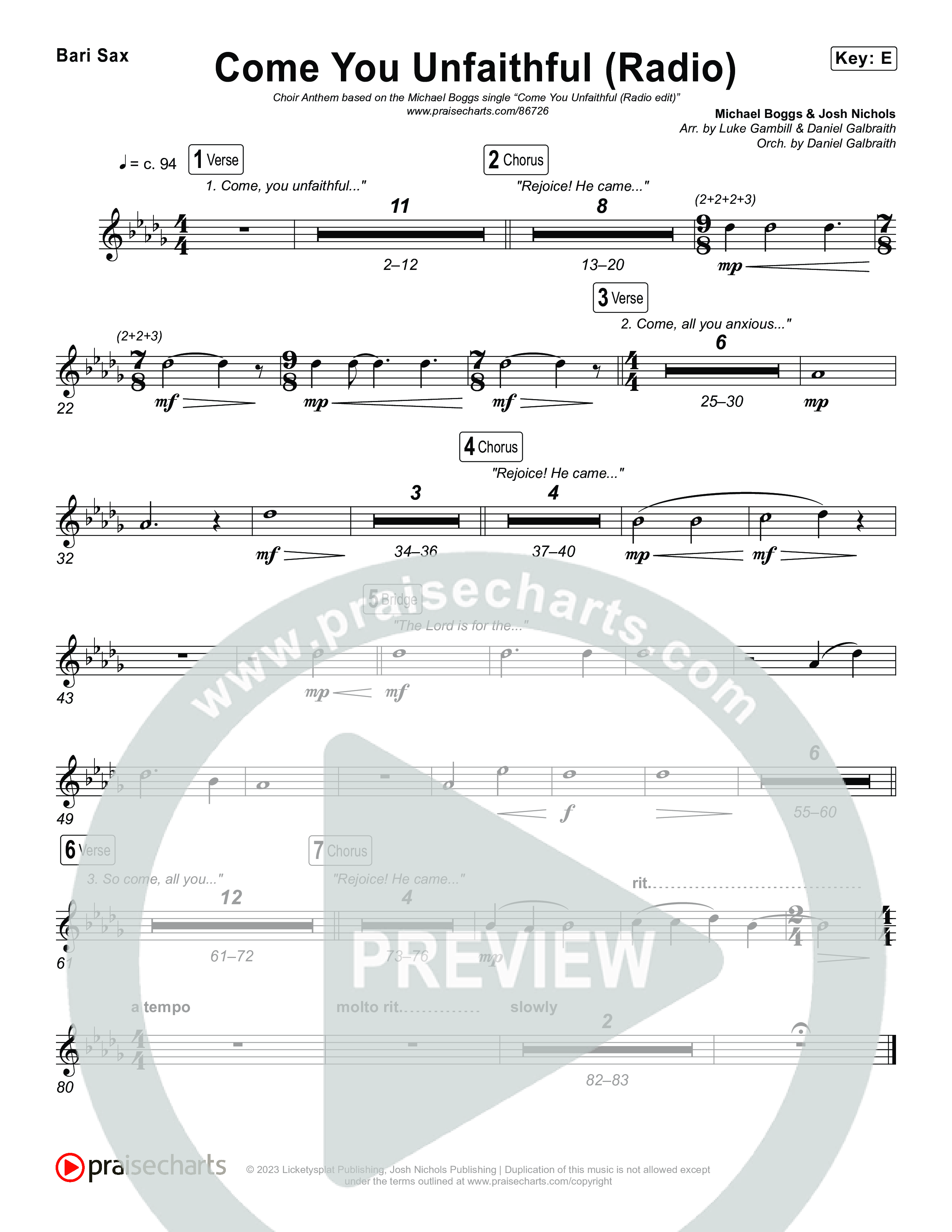 Come You Unfaithful (Choral Anthem SATB) Bari Sax (Michael Boggs / Arr. Luke Gambill)