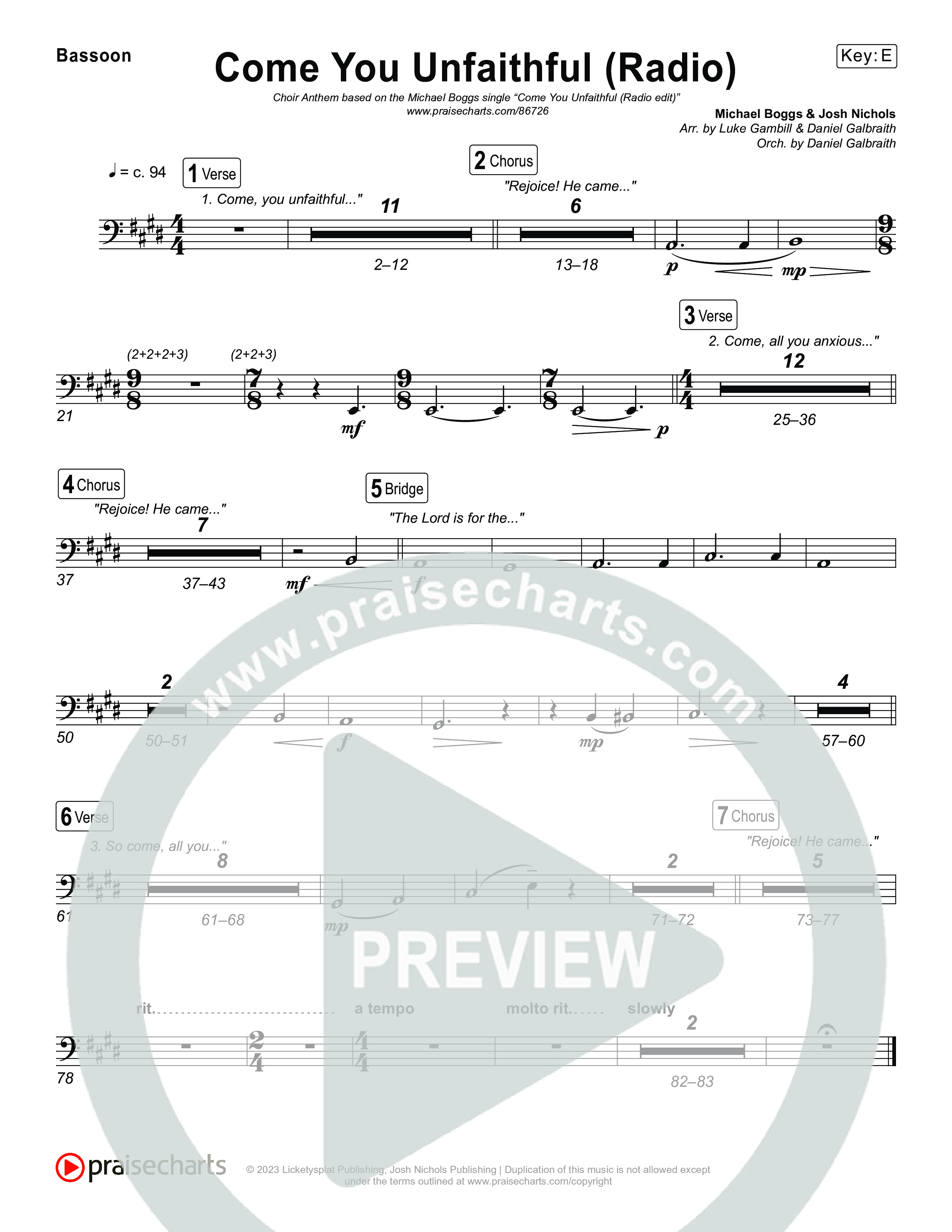 Come You Unfaithful (Choral Anthem SATB) Bassoon (Michael Boggs / Arr. Luke Gambill)