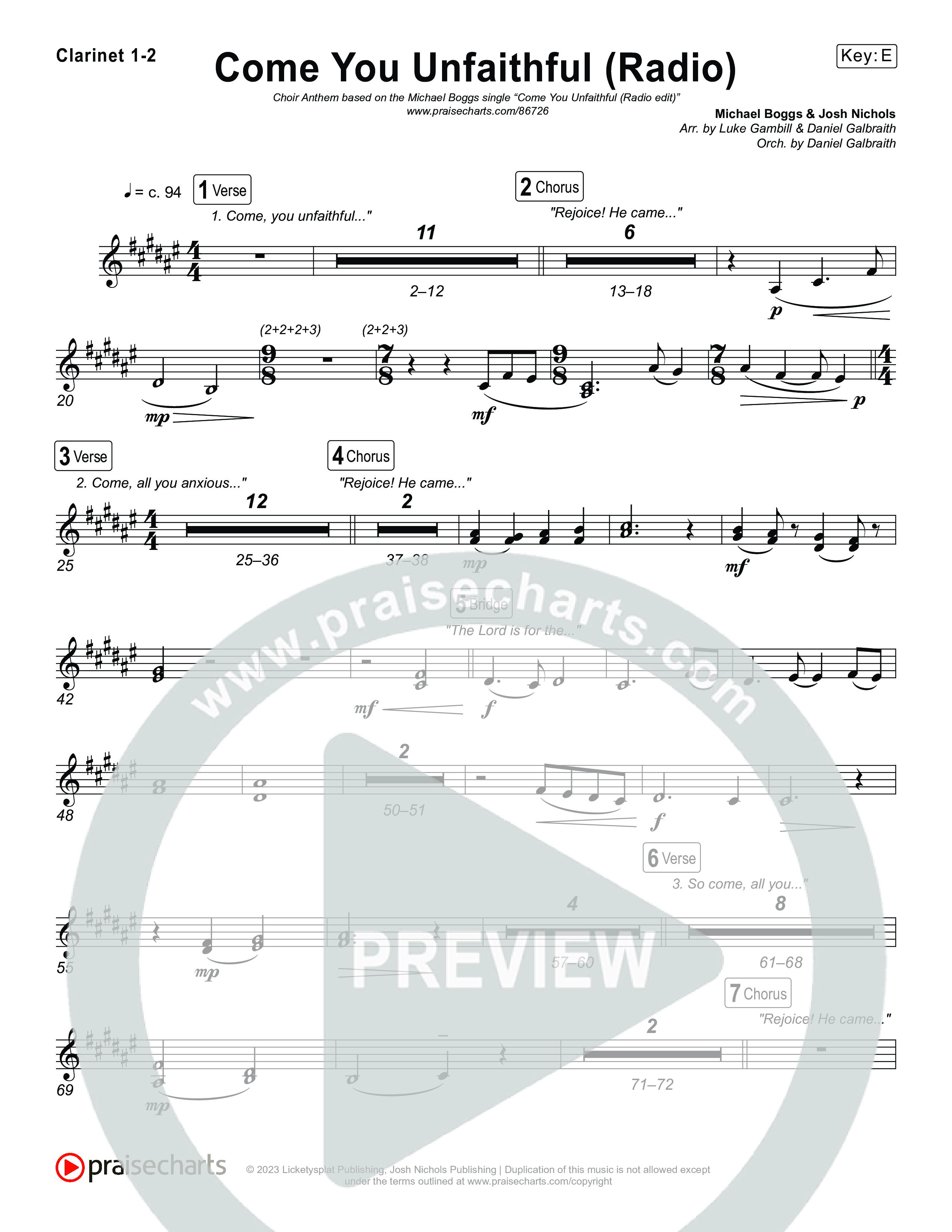 Come You Unfaithful (Choral Anthem SATB) Clarinet 1,2 (Michael Boggs / Arr. Luke Gambill)