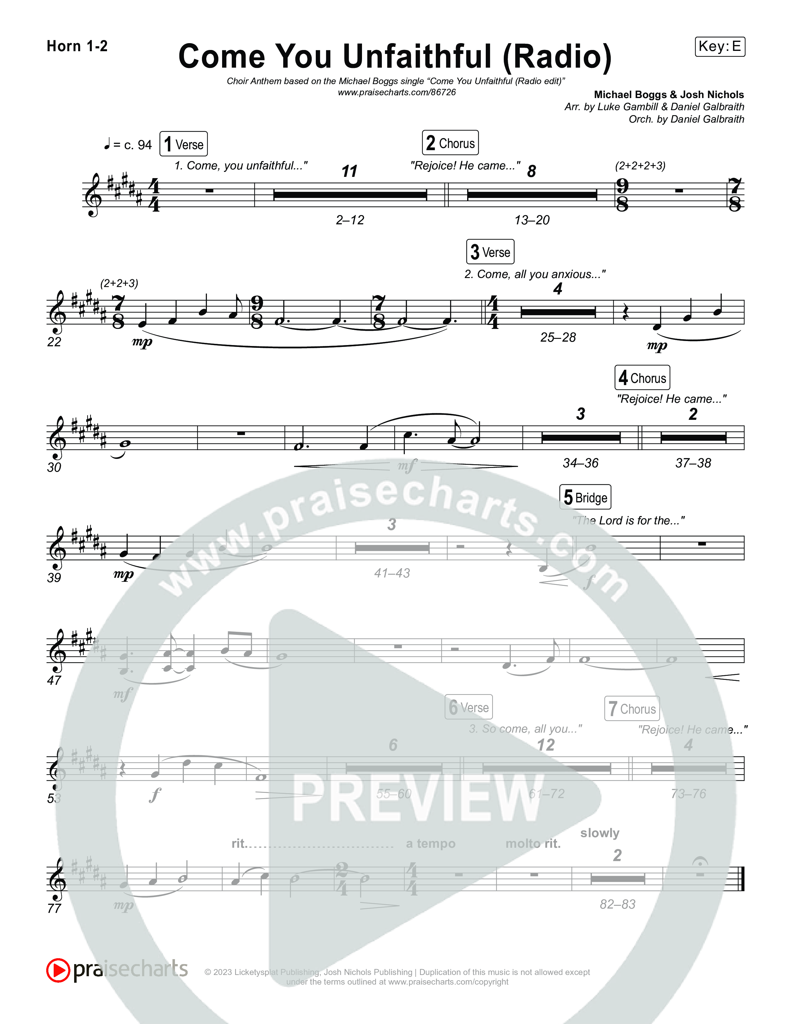 Come You Unfaithful (Choral Anthem SATB) French Horn 1,2 (Michael Boggs / Arr. Luke Gambill)