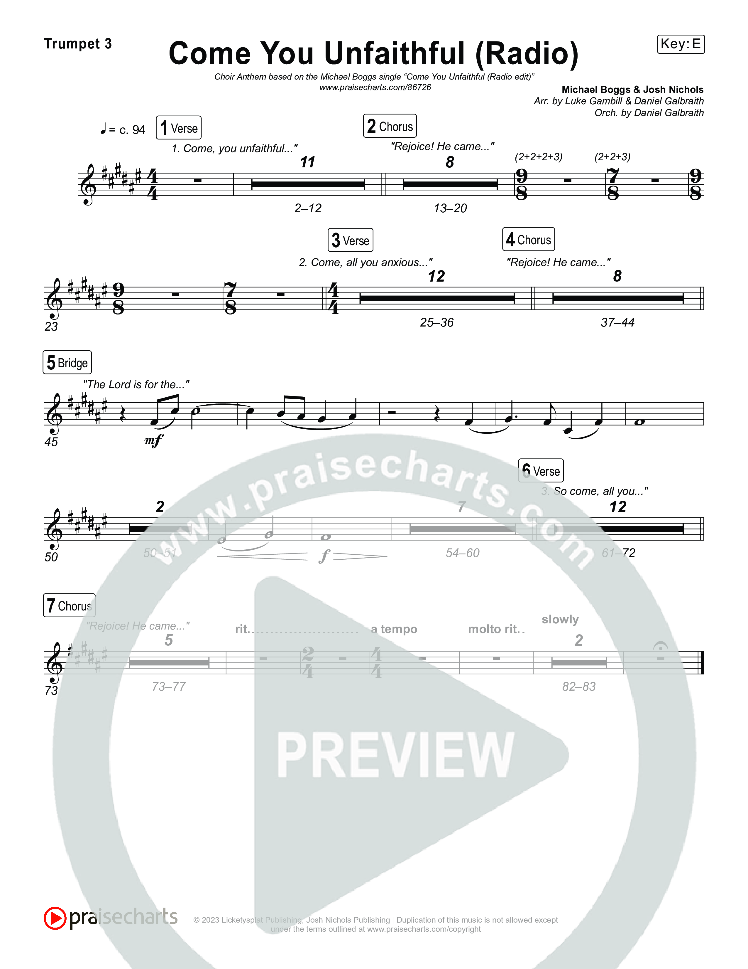 Come You Unfaithful (Choral Anthem SATB) Trumpet 3 (Michael Boggs / Arr. Luke Gambill)