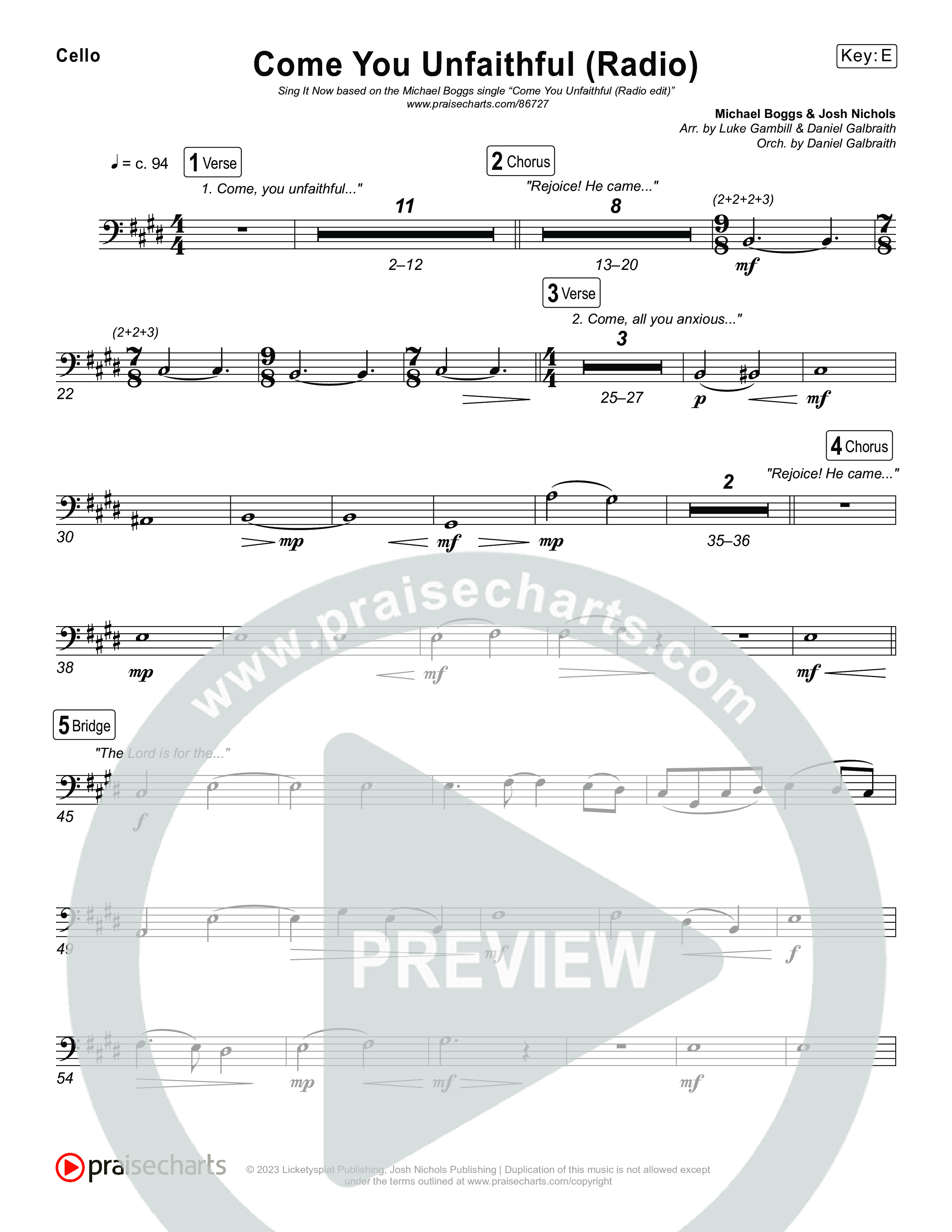 Come You Unfaithful (Sing It Now) Cello (Michael Boggs / Arr. Luke Gambill)