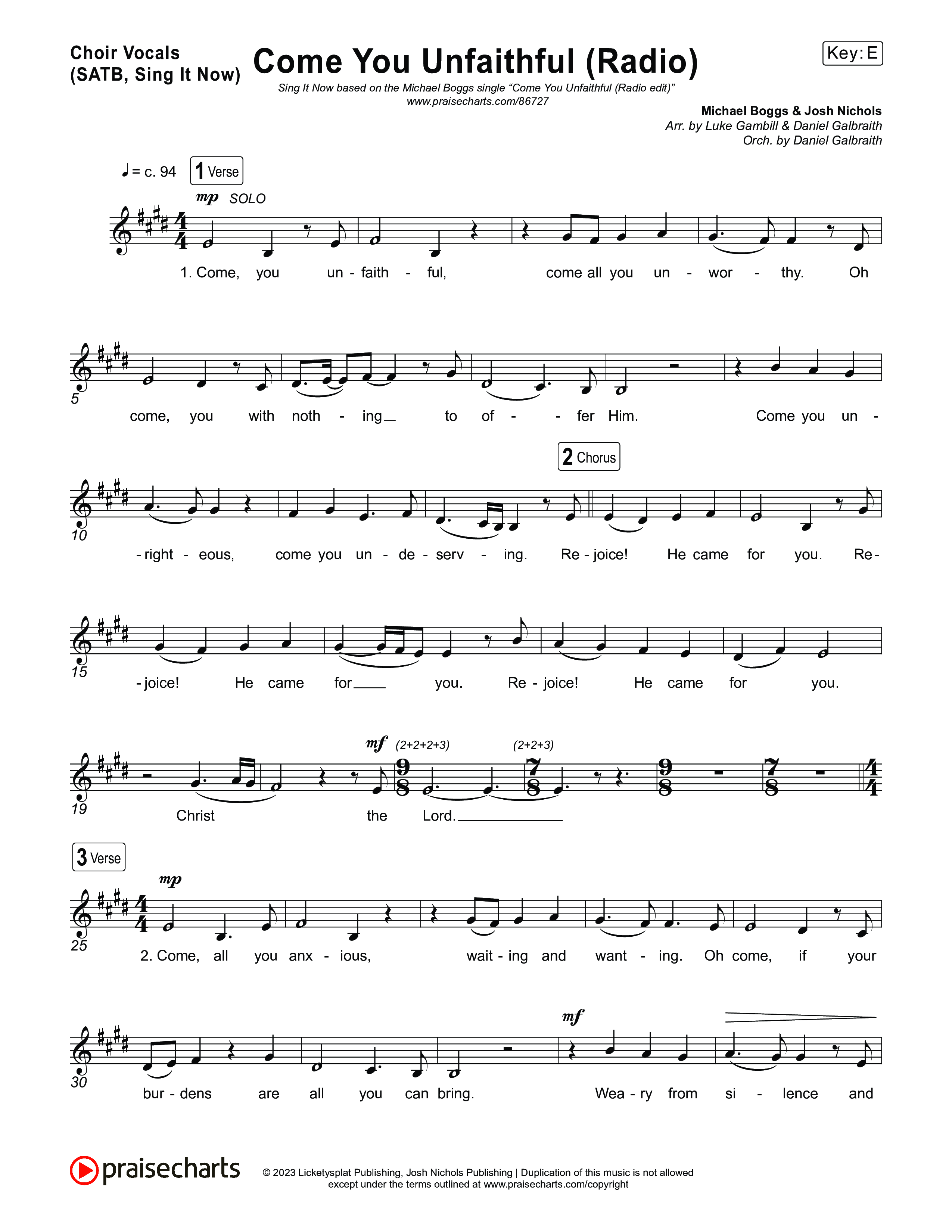 Come You Unfaithful (Sing It Now) Choir Sheet (SATB) (Michael Boggs / Arr. Luke Gambill)