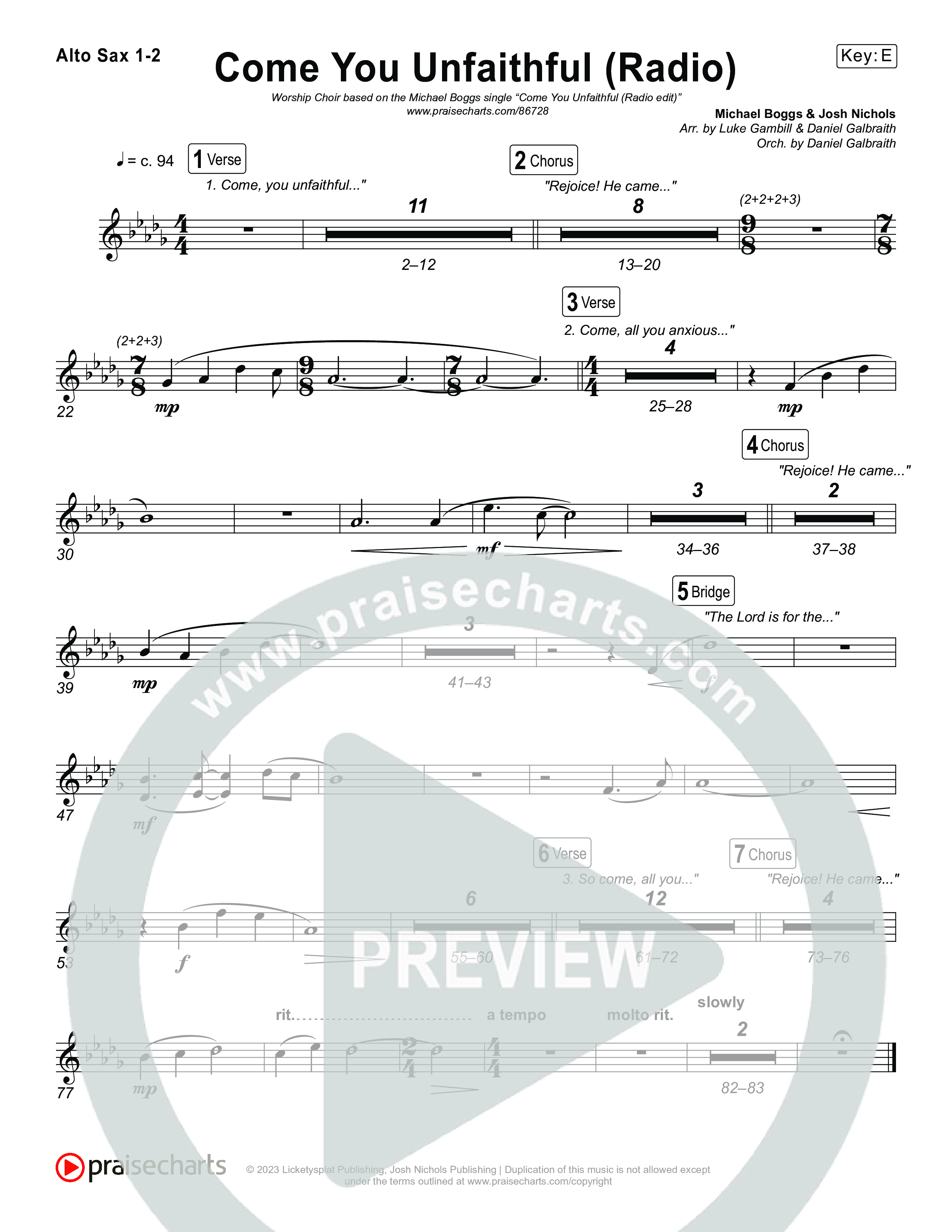 Come You Unfaithful (Worship Choir/SAB) Alto Sax 1/2 (Michael Boggs / Arr. Luke Gambill)