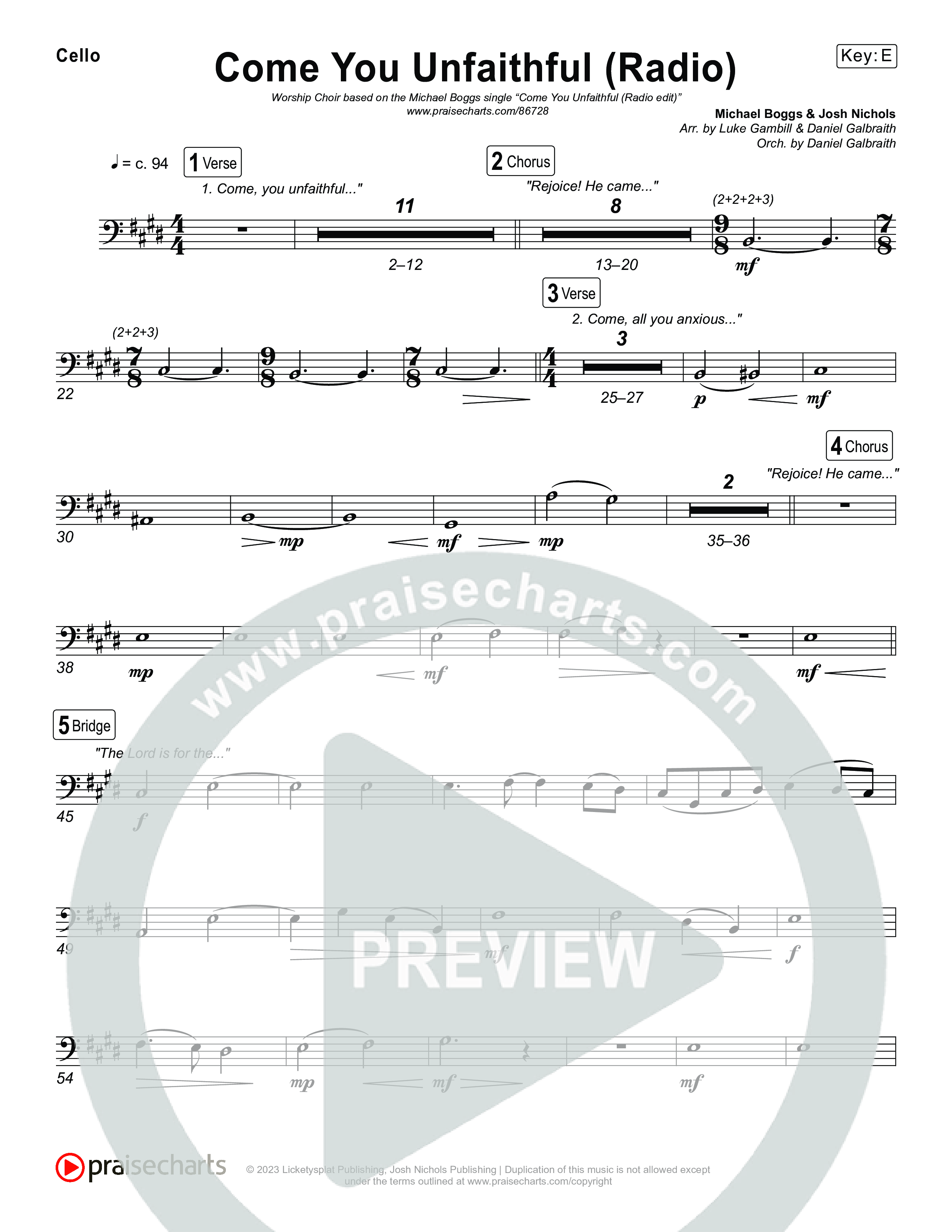 Come You Unfaithful (Worship Choir/SAB) Cello (Michael Boggs / Arr. Luke Gambill)