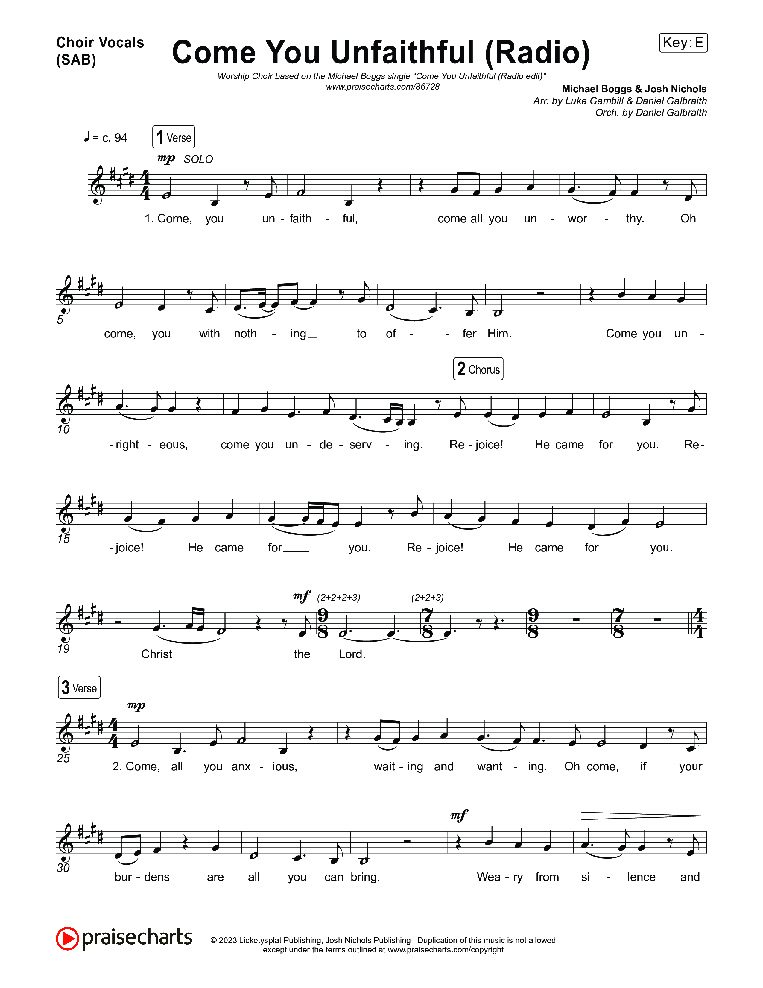 Come You Unfaithful (Worship Choir/SAB) Choir Sheet (SAB) (Michael Boggs / Arr. Luke Gambill)