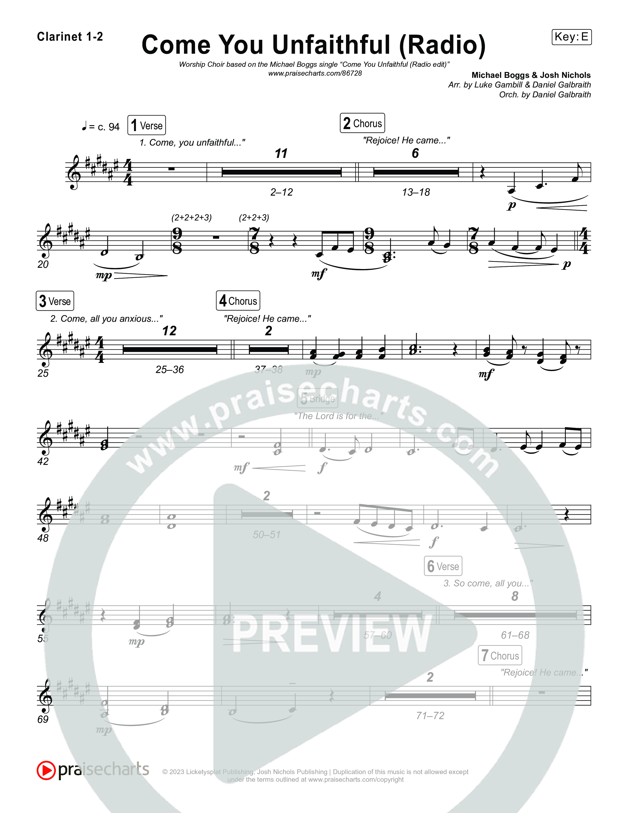 Come You Unfaithful (Worship Choir/SAB) Clarinet 1/2 (Michael Boggs / Arr. Luke Gambill)