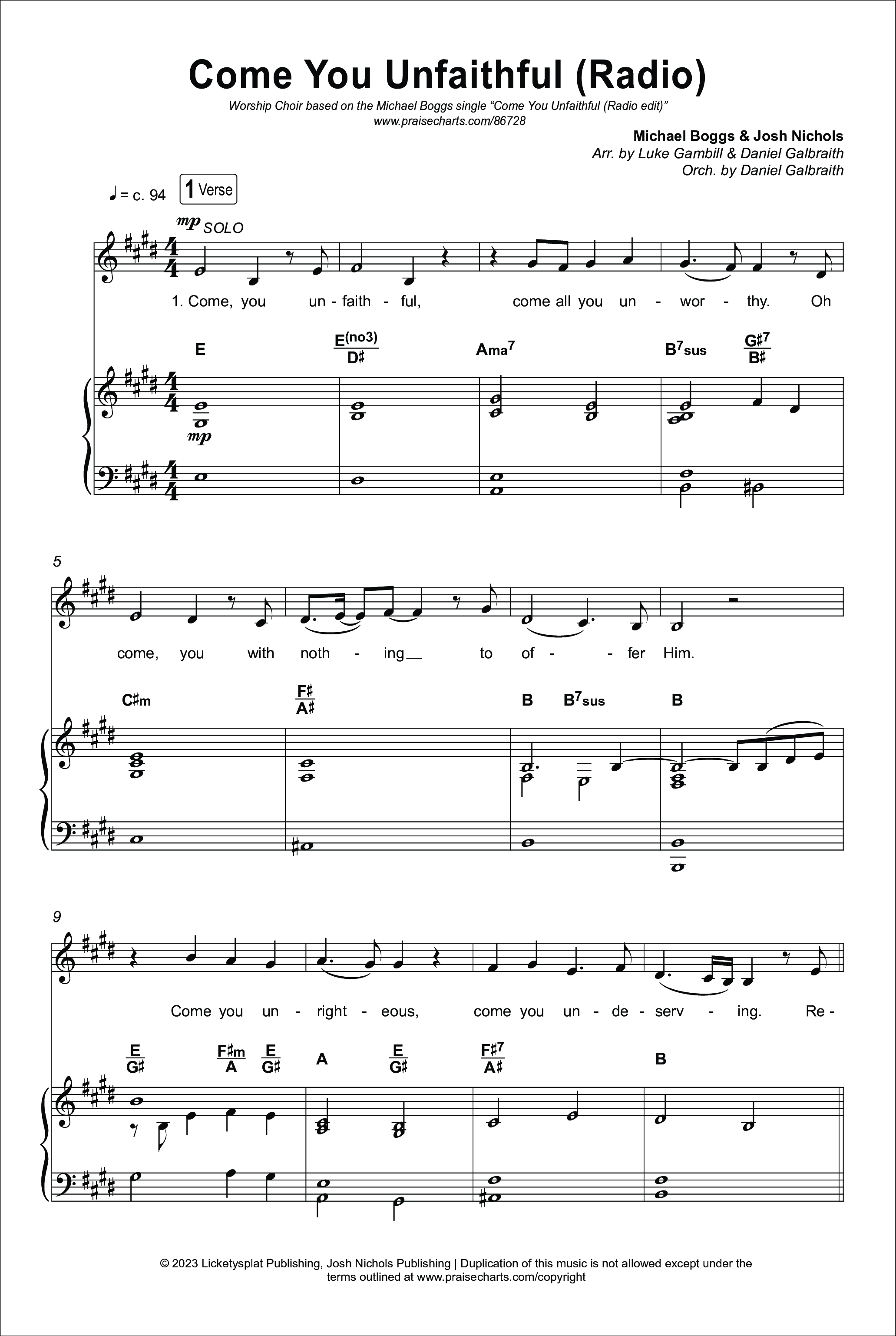 Come You Unfaithful (Worship Choir/SAB) Octavo (SAB & Pno) (Michael Boggs / Arr. Luke Gambill)