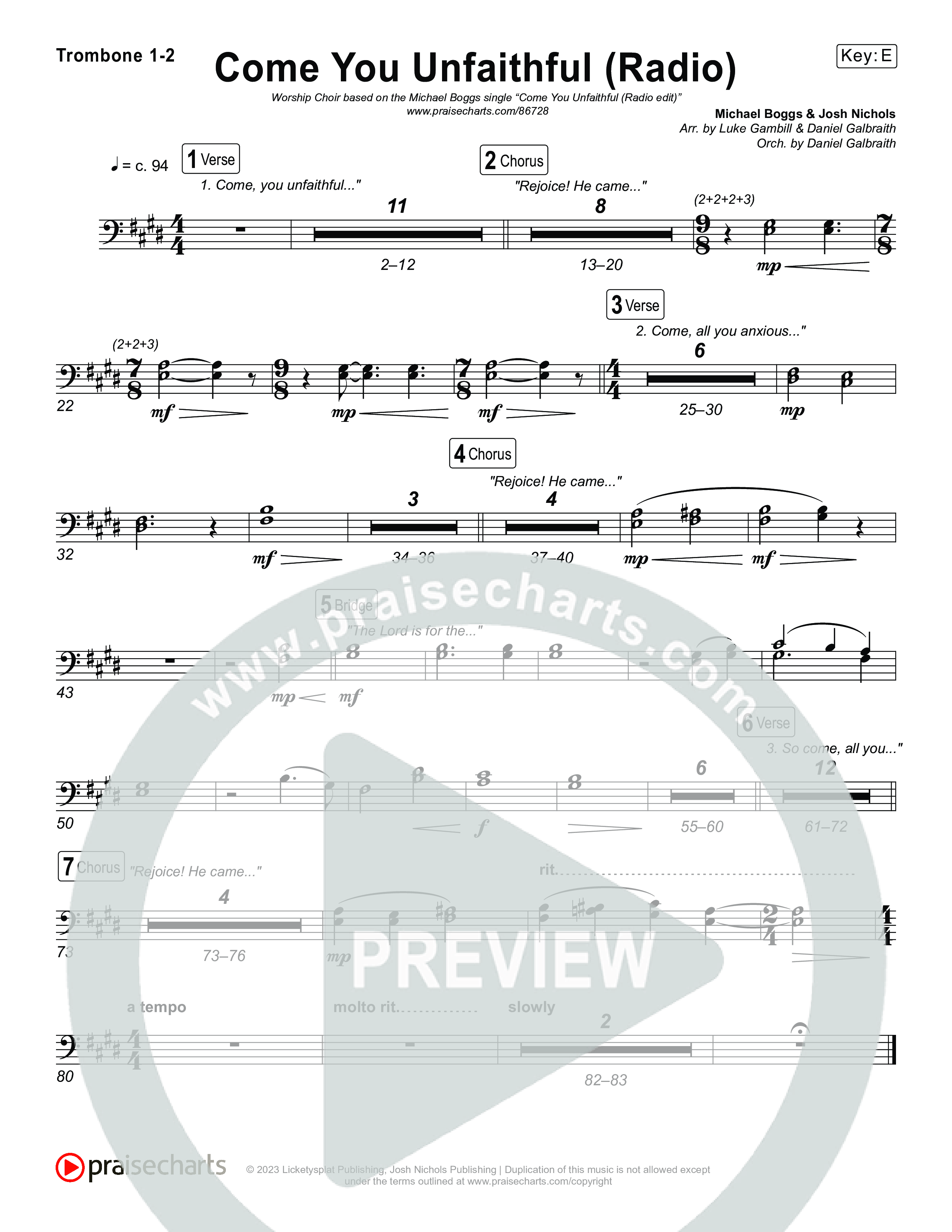 Come You Unfaithful (Worship Choir/SAB) Trombone 1/2 (Michael Boggs / Arr. Luke Gambill)
