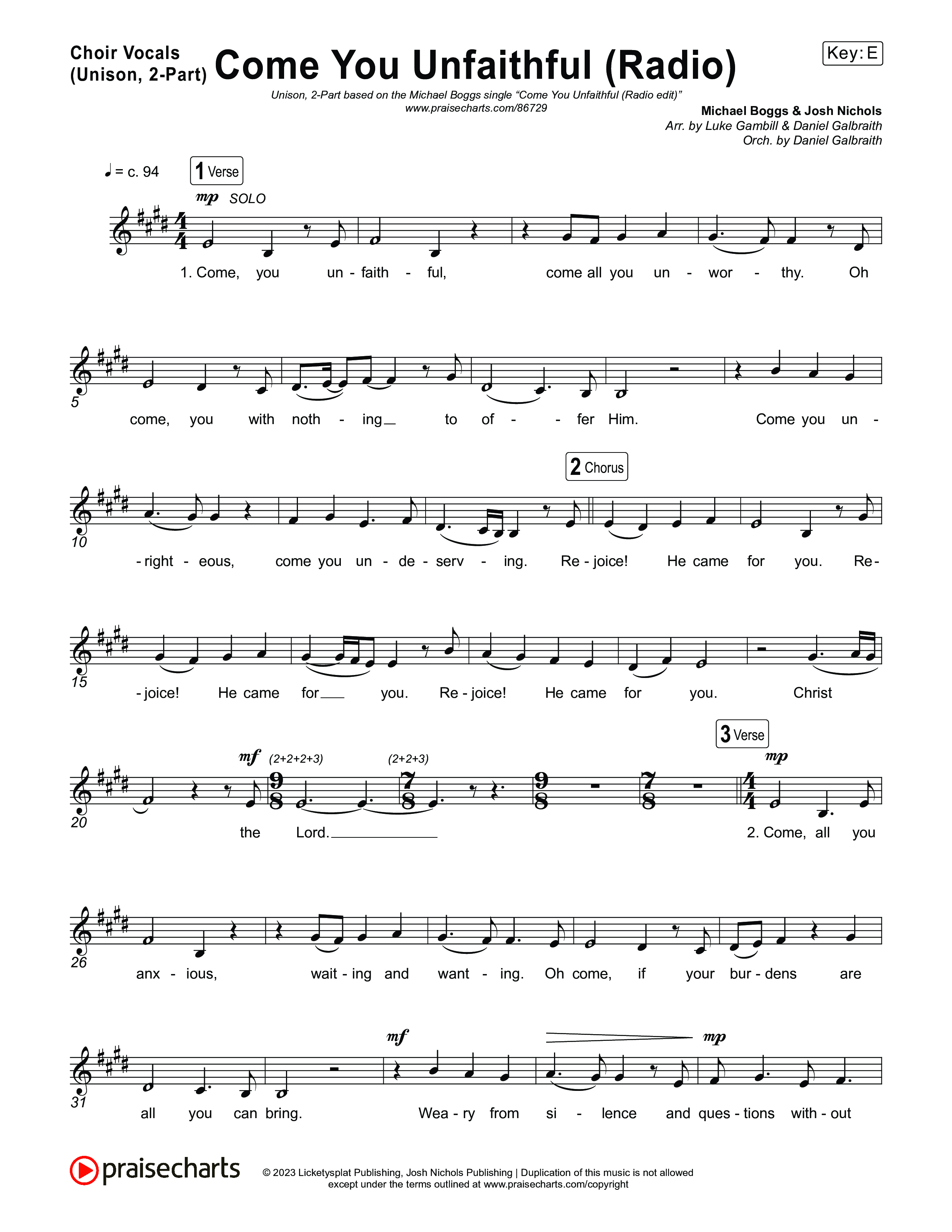 Come You Unfaithful (Unison/2-Part) Choir Vocals (Uni/2-Part) (Michael Boggs / Arr. Luke Gambill)