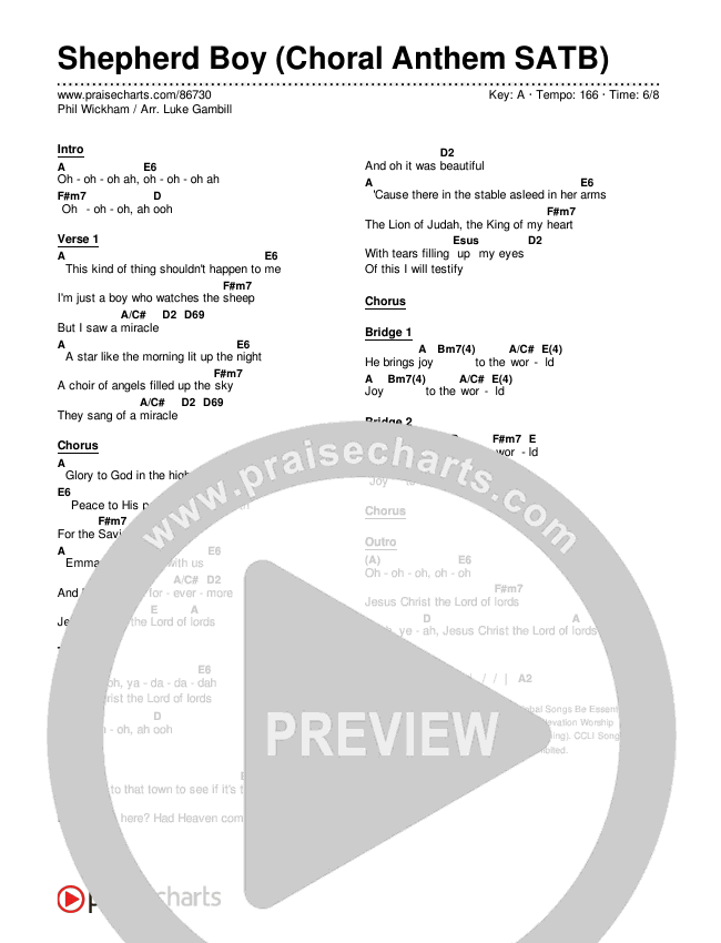 Shepherd Boy (Choral Anthem SATB) Chords & Lyrics (Phil Wickham / Arr. Luke Gambill)