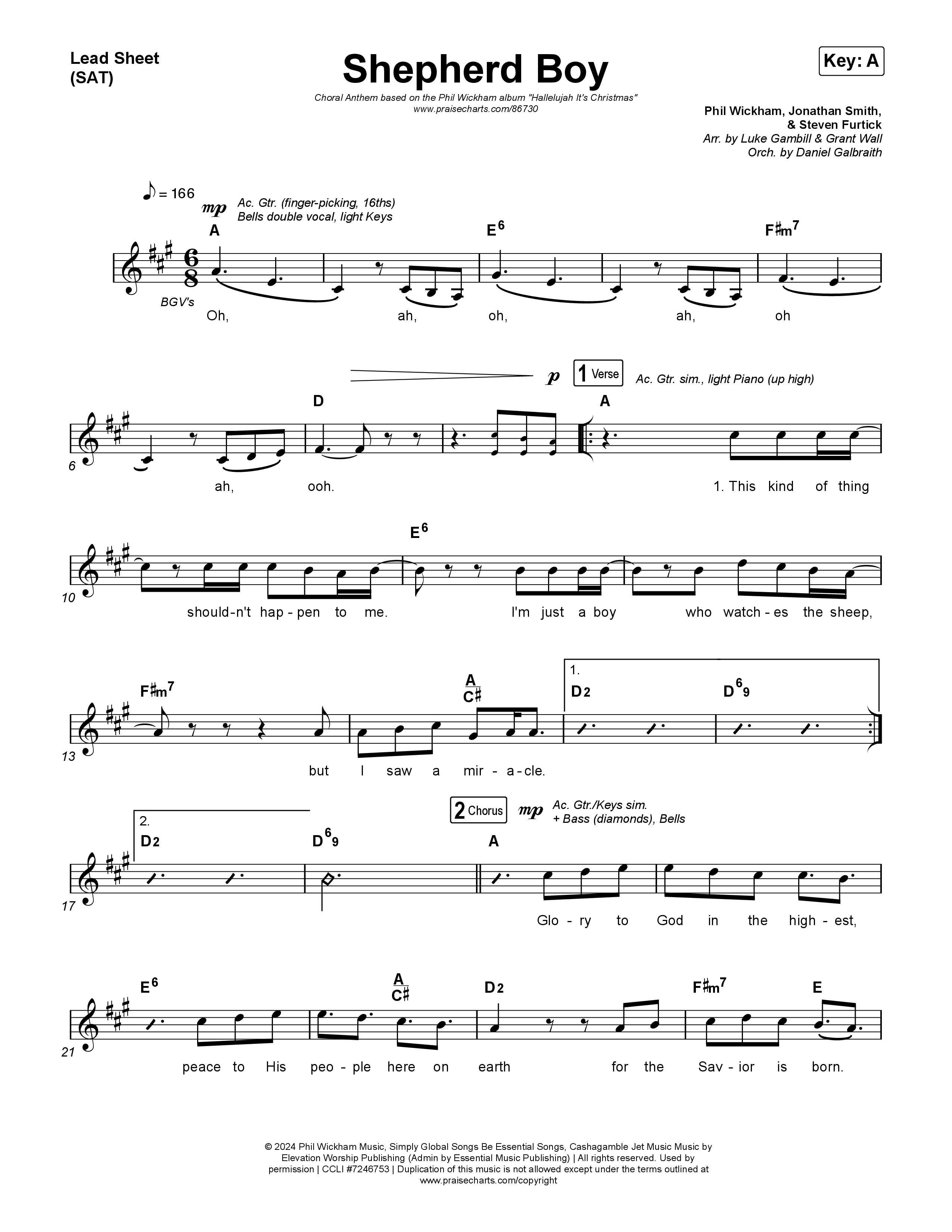 Shepherd Boy (Choral Anthem SATB) Lead Sheet (SAT) (Phil Wickham / Arr. Luke Gambill)