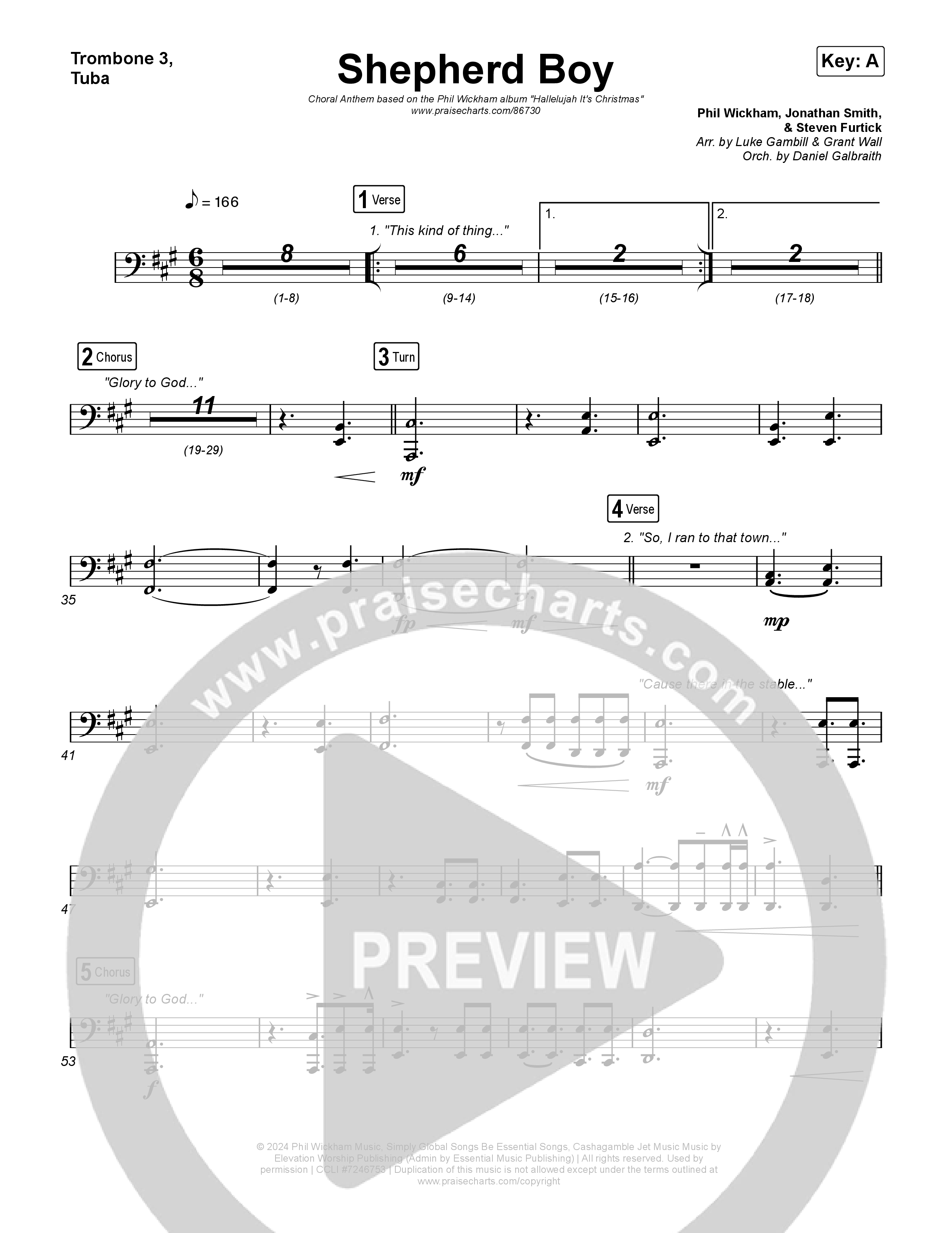 Shepherd Boy (Choral Anthem SATB) Trombone 1,2 (Phil Wickham / Arr. Luke Gambill)