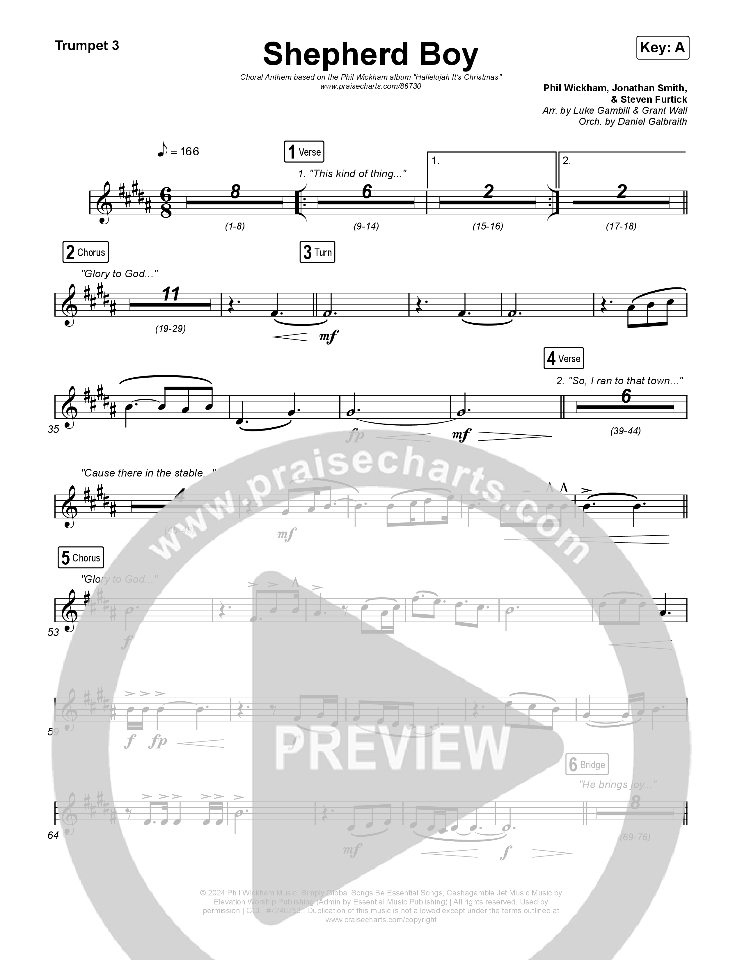 Shepherd Boy (Choral Anthem SATB) Trumpet 3 (Phil Wickham / Arr. Luke Gambill)