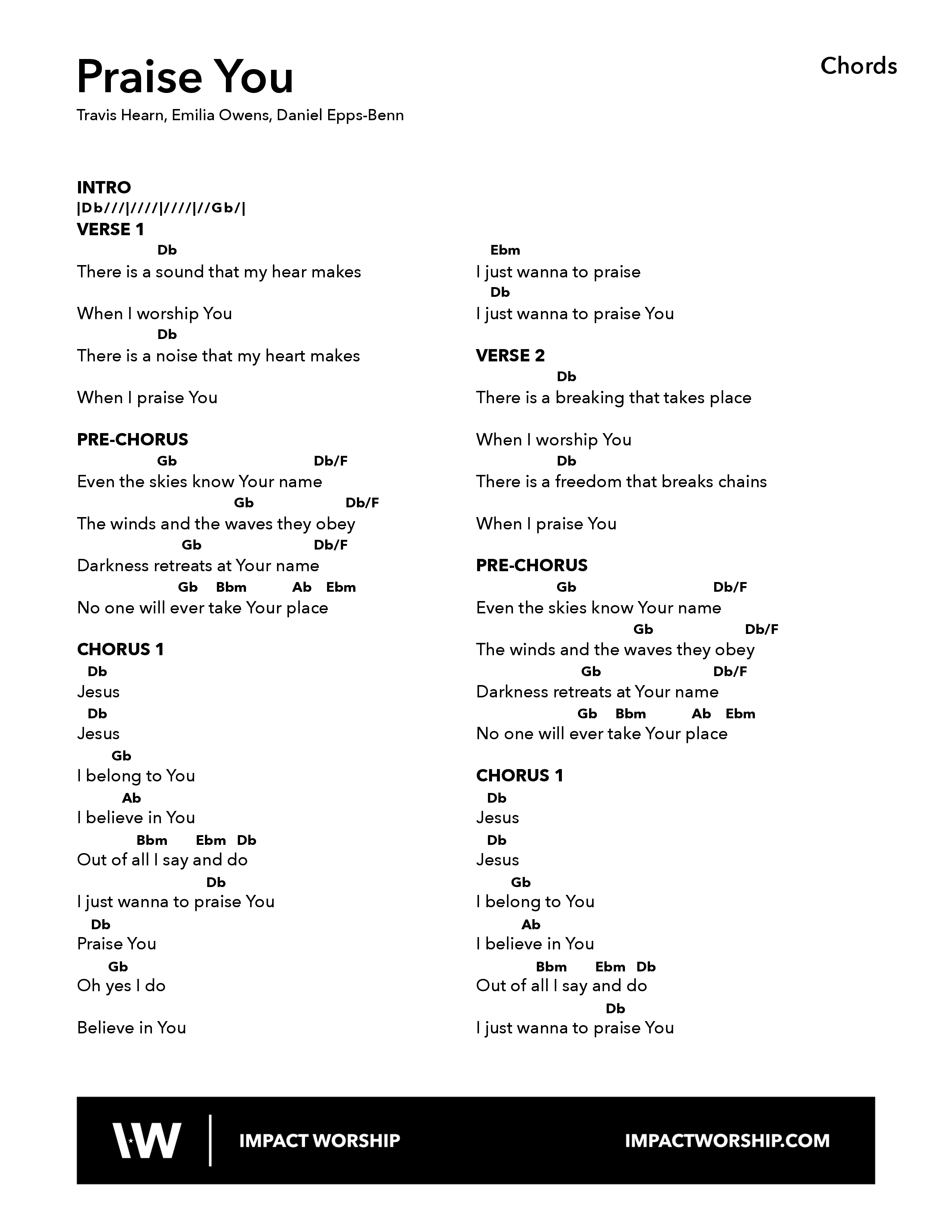 Praise You Chord Chart (Impact Worship)