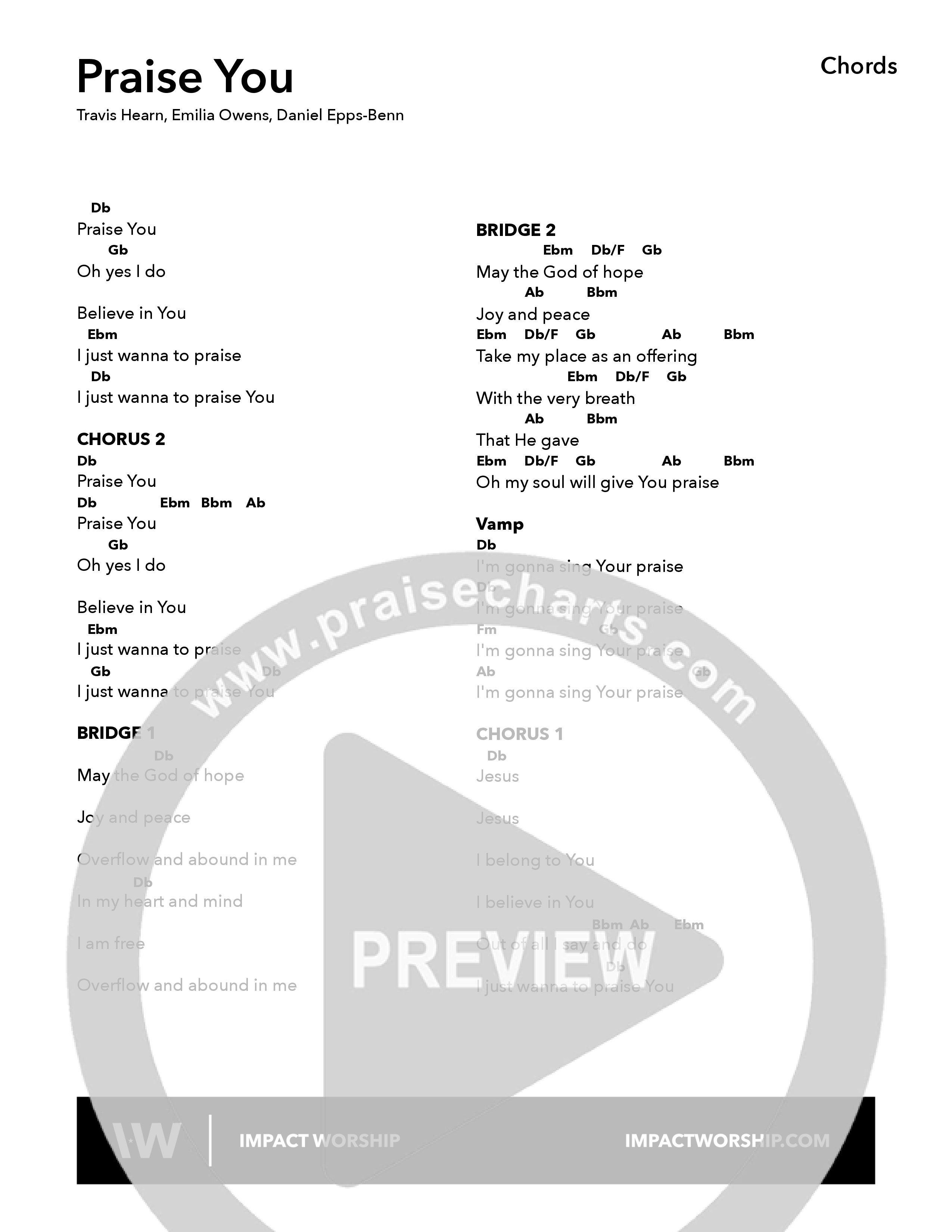 Praise You Chord Chart (Impact Worship)