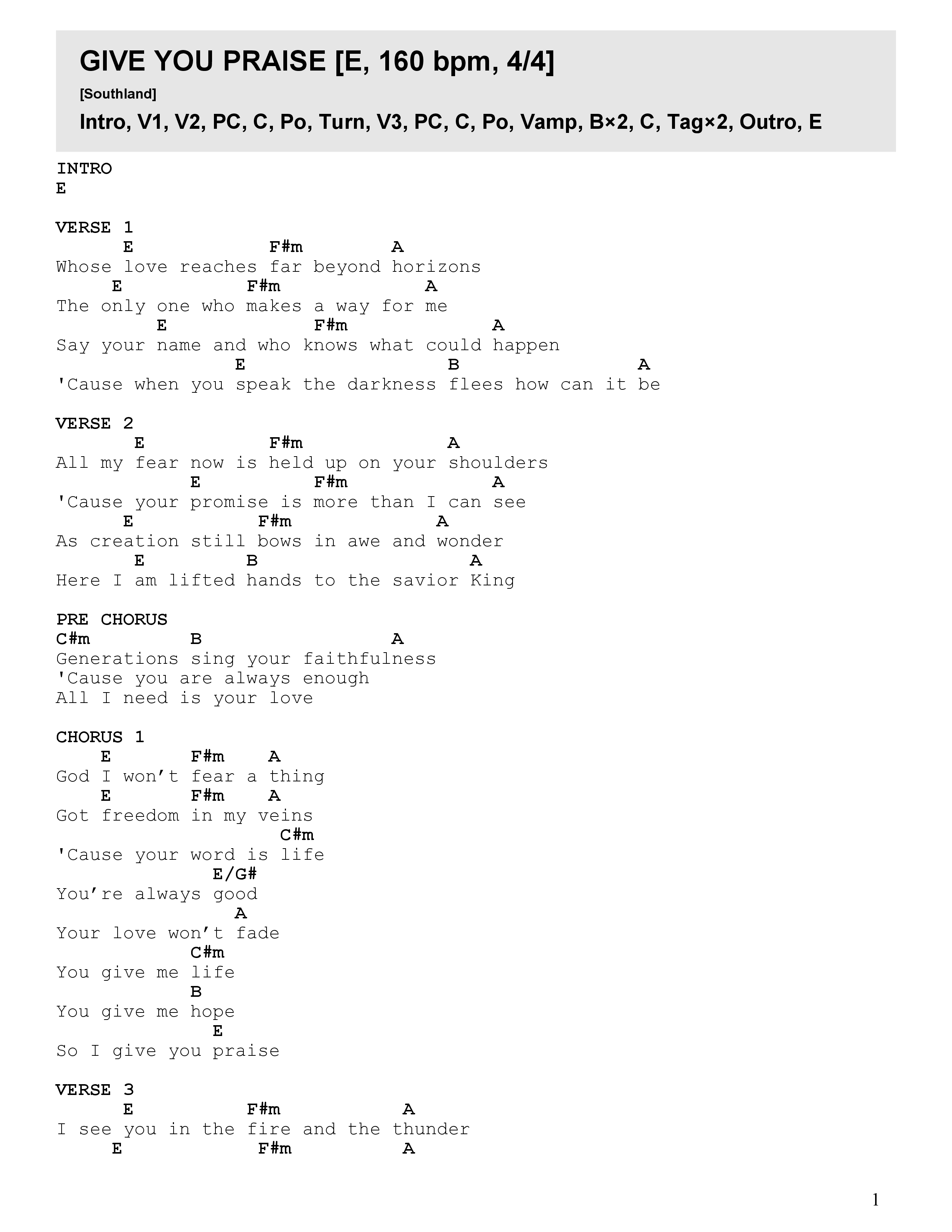 Give You Praise (Live) Chord Chart (Southland / Elevation Youth)