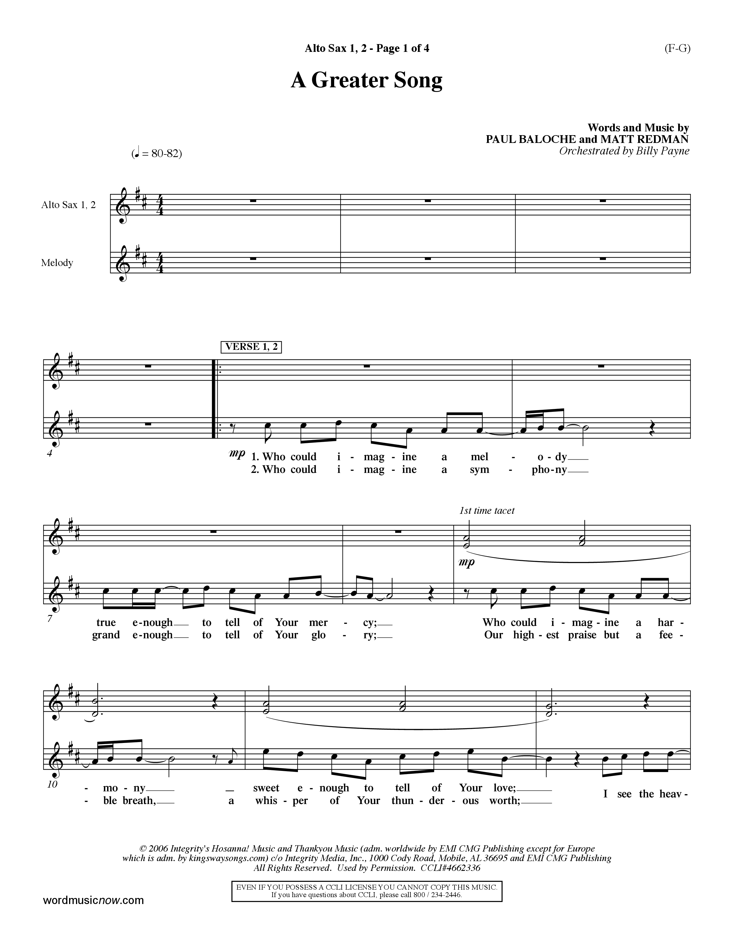 A Greater Song (Choral Anthem SATB) Alto Sax 1/2 (Word Music Choral / Orch. Billy Payne)