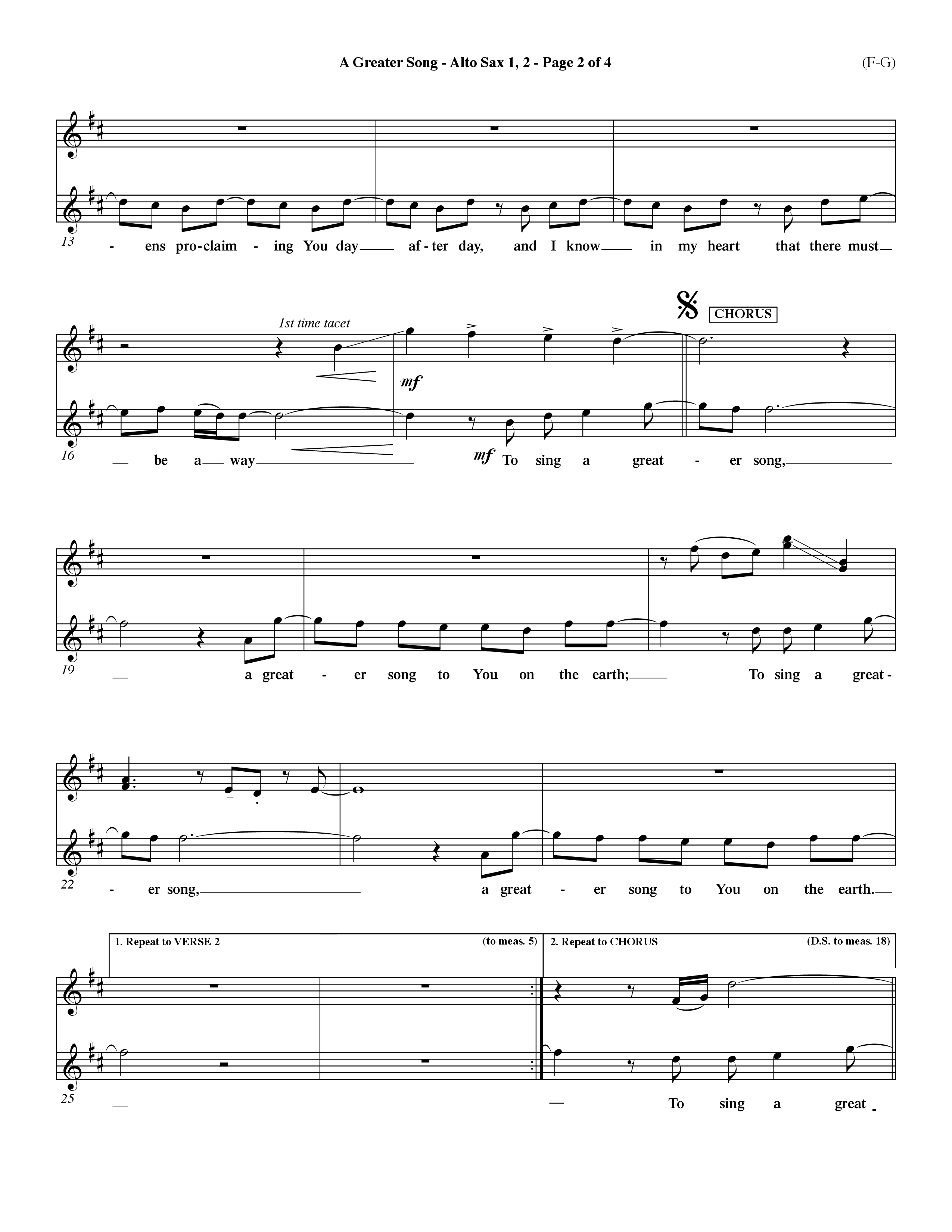 A Greater Song (Choral Anthem SATB) Alto Sax 1/2 (Word Music Choral / Orch. Billy Payne)