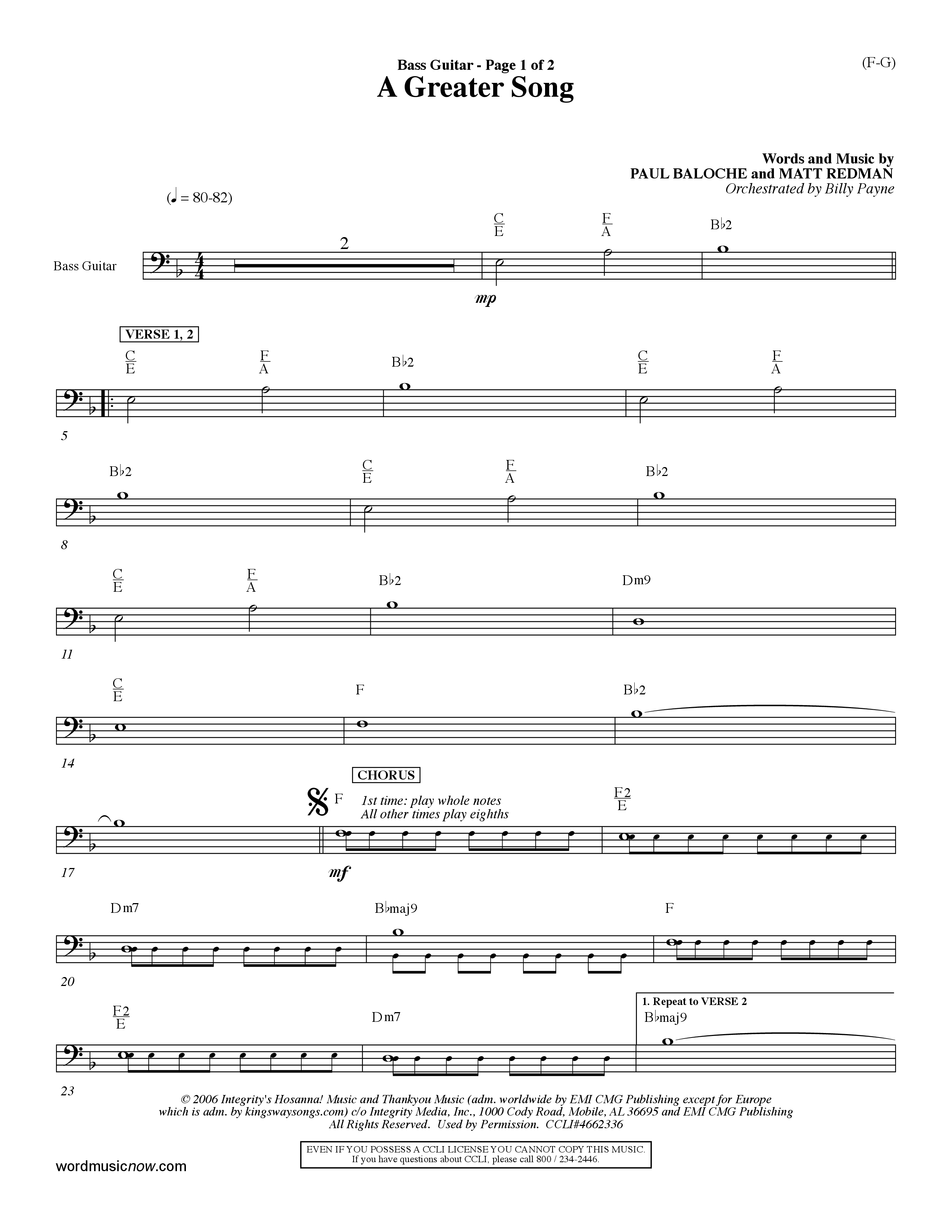 A Greater Song (Choral Anthem SATB) Bass Guitar (Word Music Choral / Orch. Billy Payne)