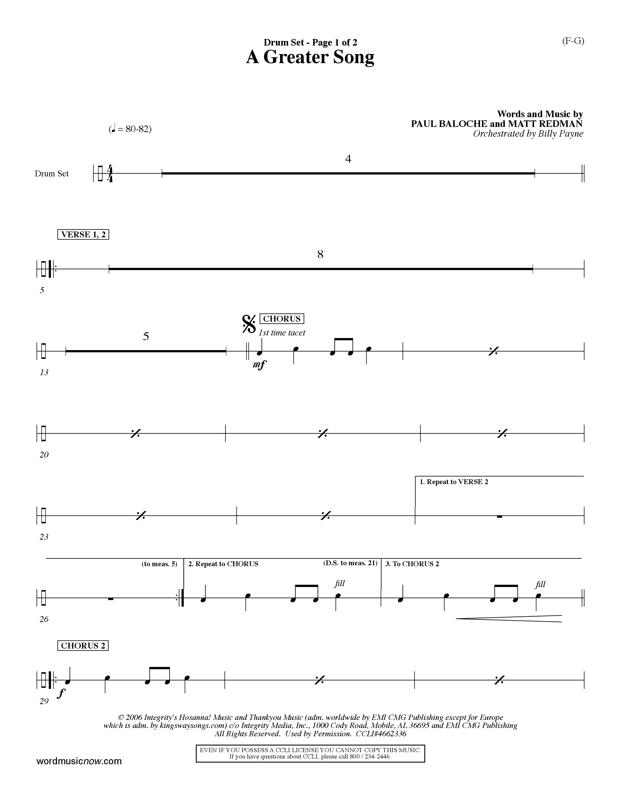 A Greater Song (Choral Anthem SATB) Drum Set (Word Music Choral / Orch. Billy Payne)