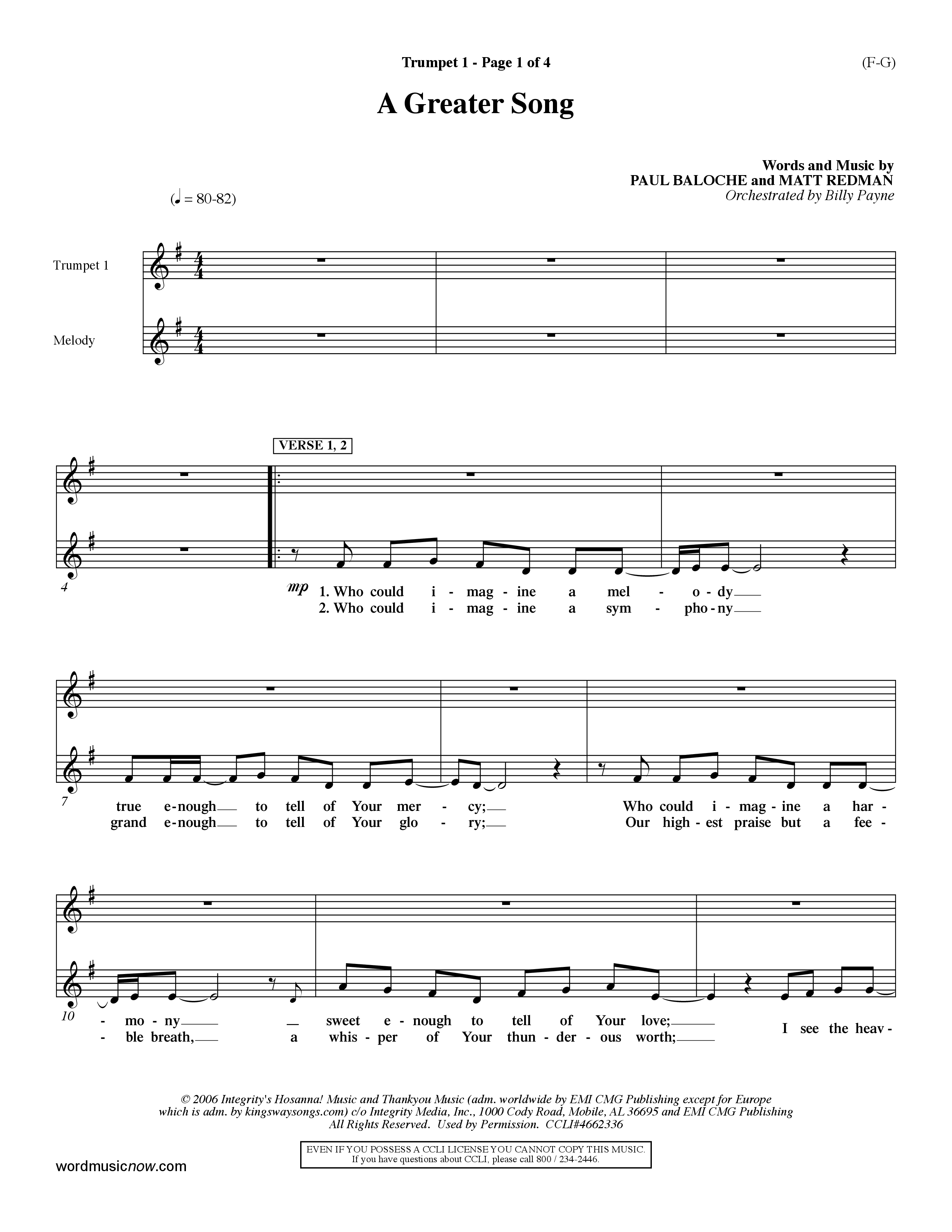A Greater Song (Choral Anthem SATB) Trumpet 1 (Word Music Choral / Orch. Billy Payne)