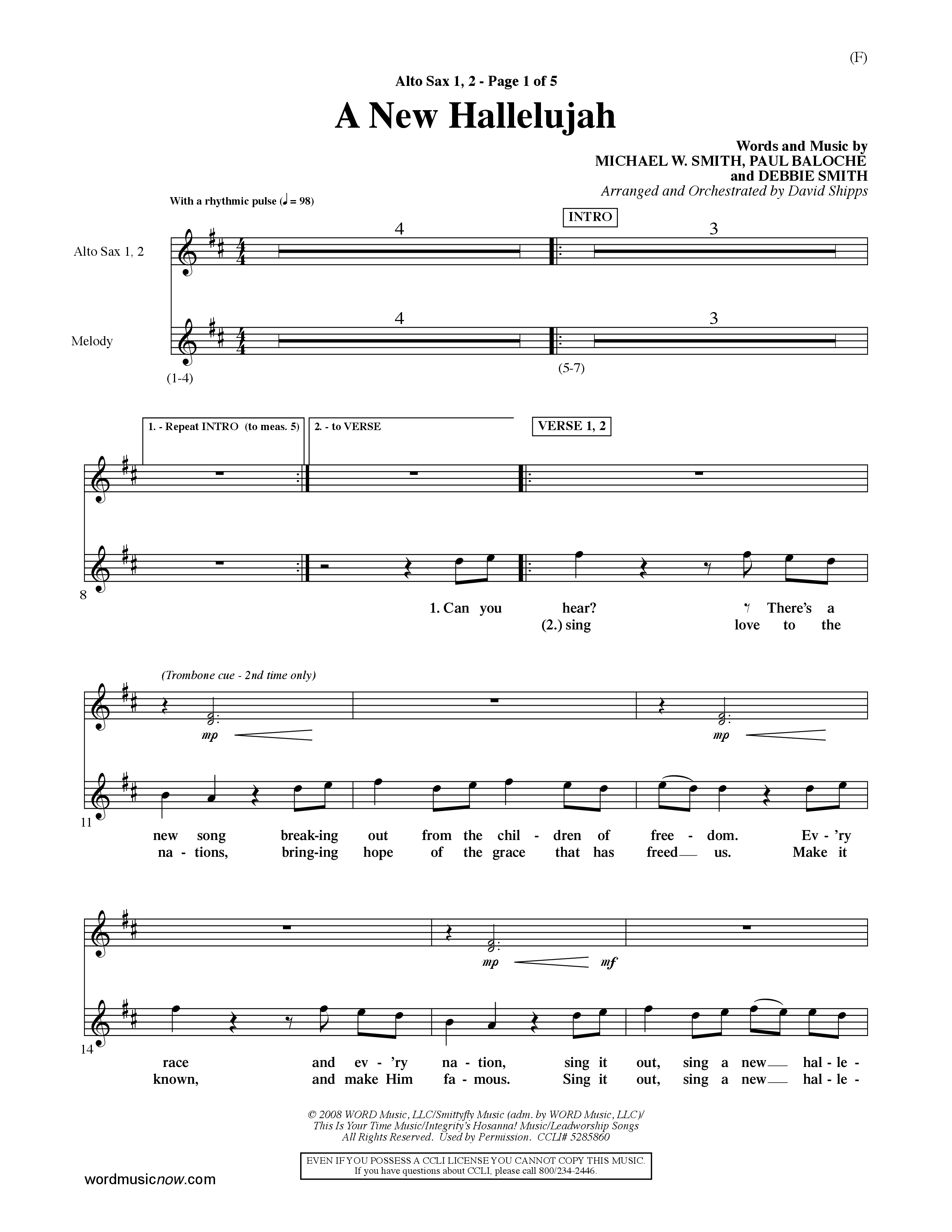 A New Hallelujah (Choral Anthem SATB) Alto Sax 1/2 (Word Music Choral / Arr. David Shipps)