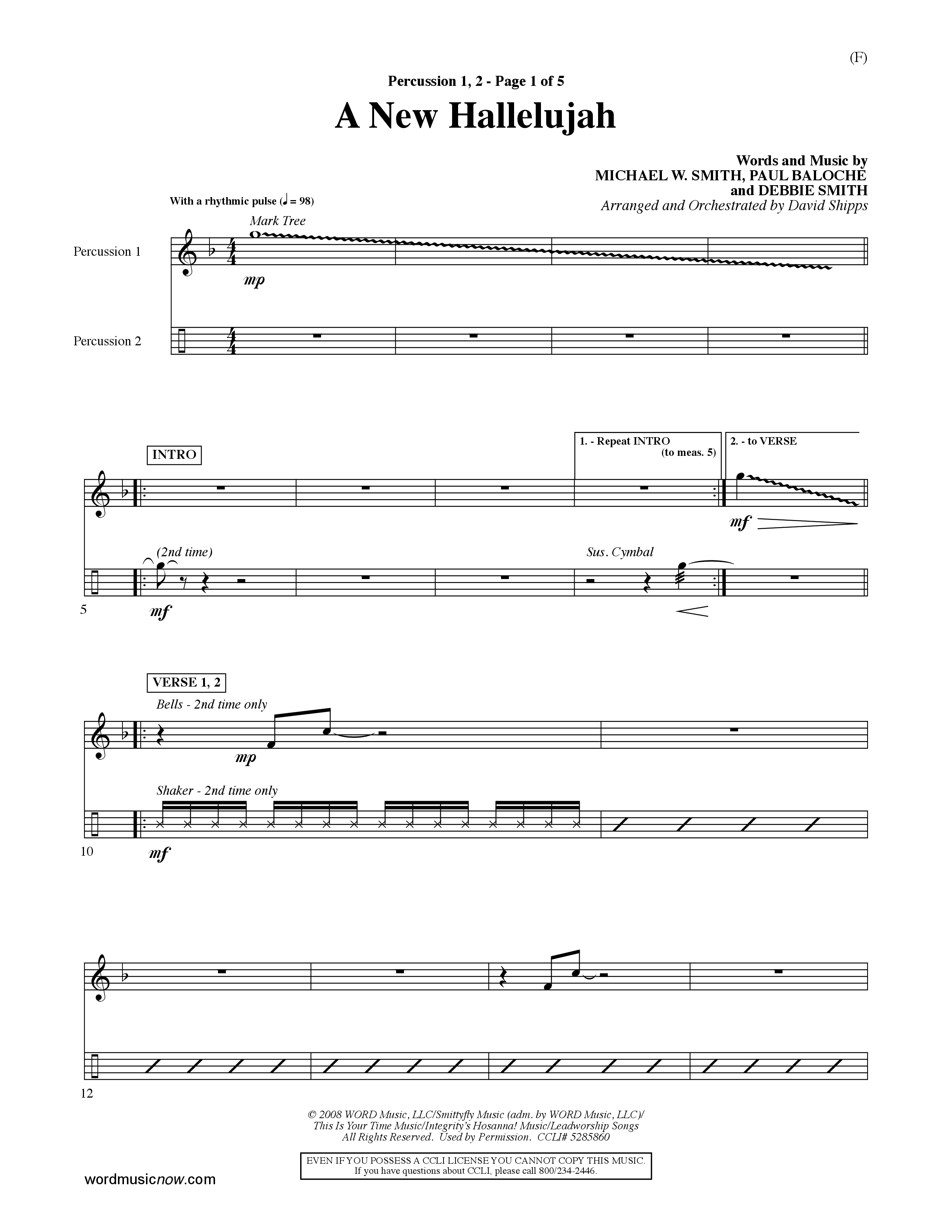 A New Hallelujah (Choral Anthem SATB) Percussion 1/2 (Word Music Choral / Arr. David Shipps)