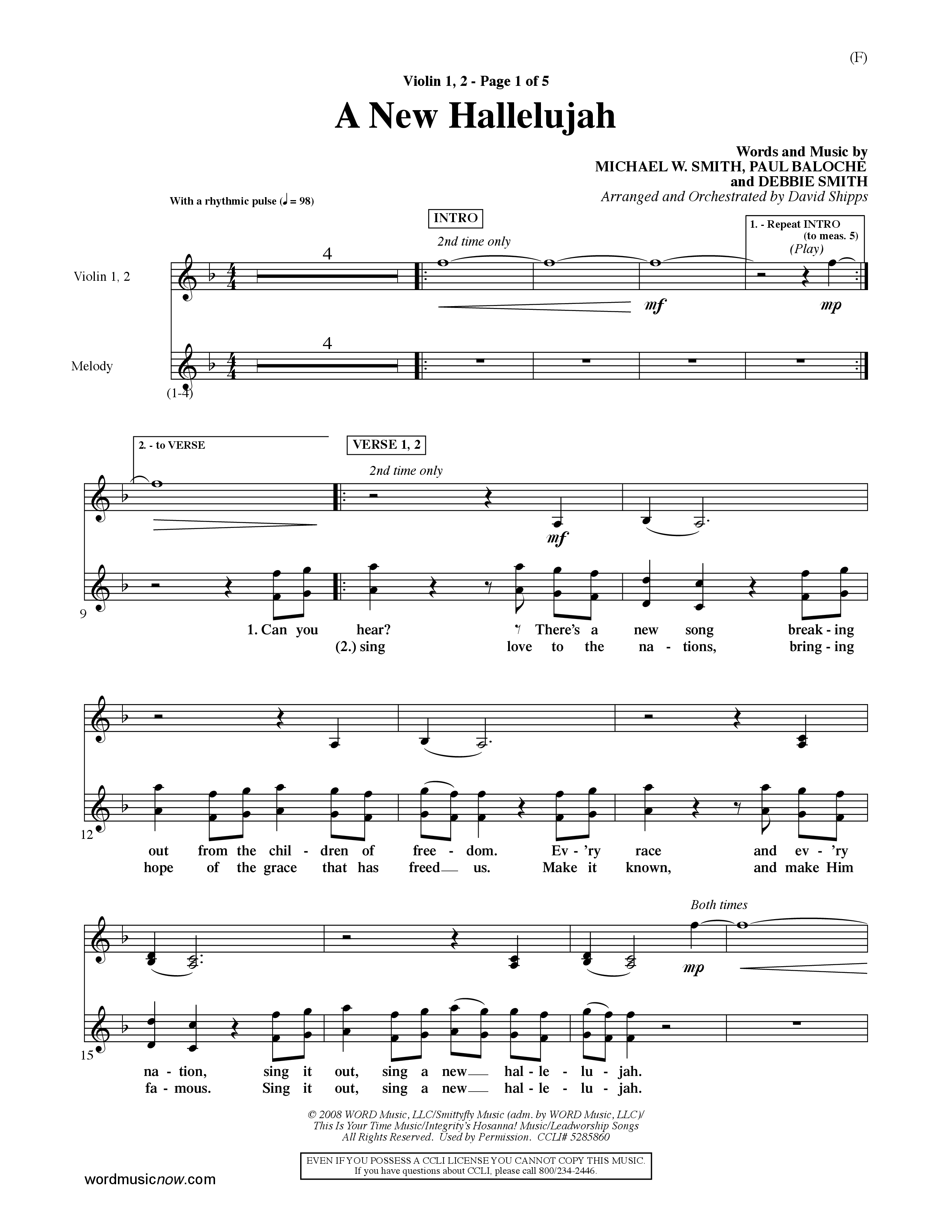A New Hallelujah (Choral Anthem SATB) Violin 1/2 (Word Music Choral / Arr. David Shipps)
