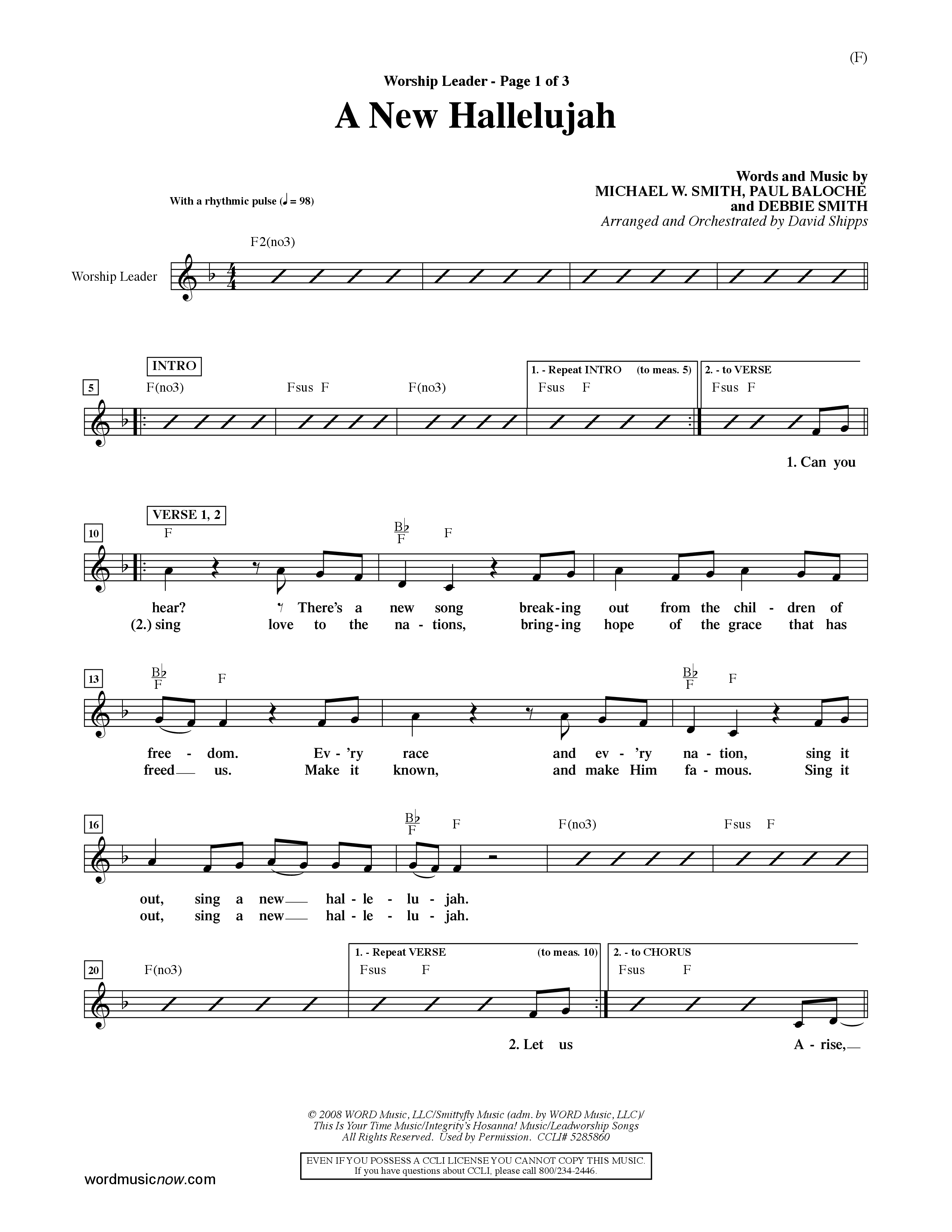A New Hallelujah (Choral Anthem SATB) Lead Sheet (Mel) (Word Music Choral / Arr. David Shipps)