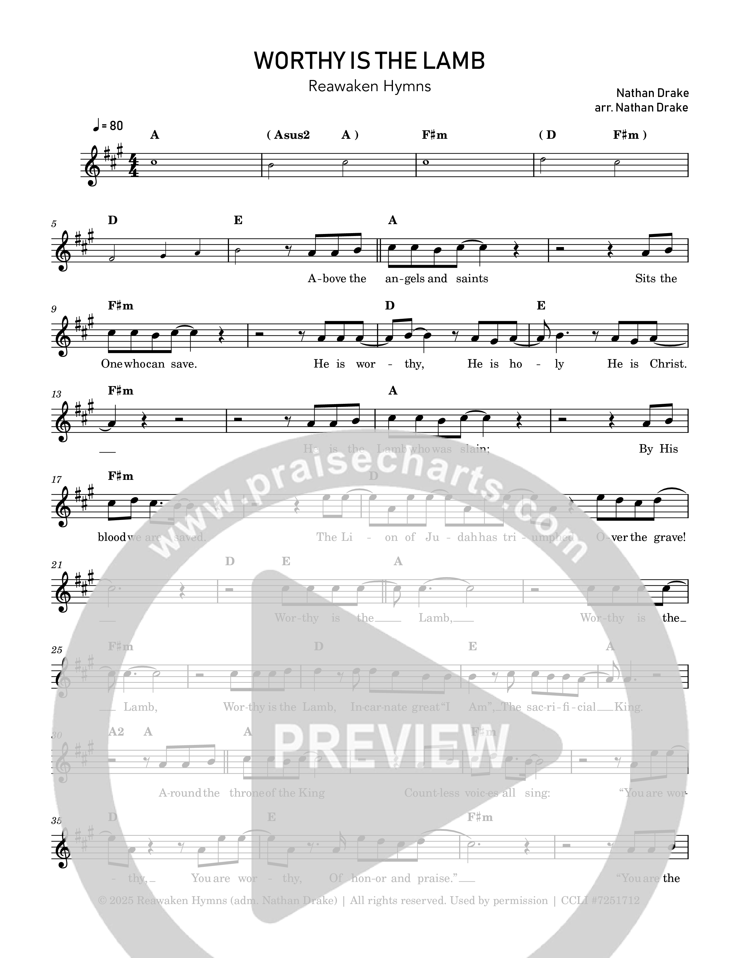 Worthy Is The Lamb Lead Sheet Melody (Reawaken Hymns)