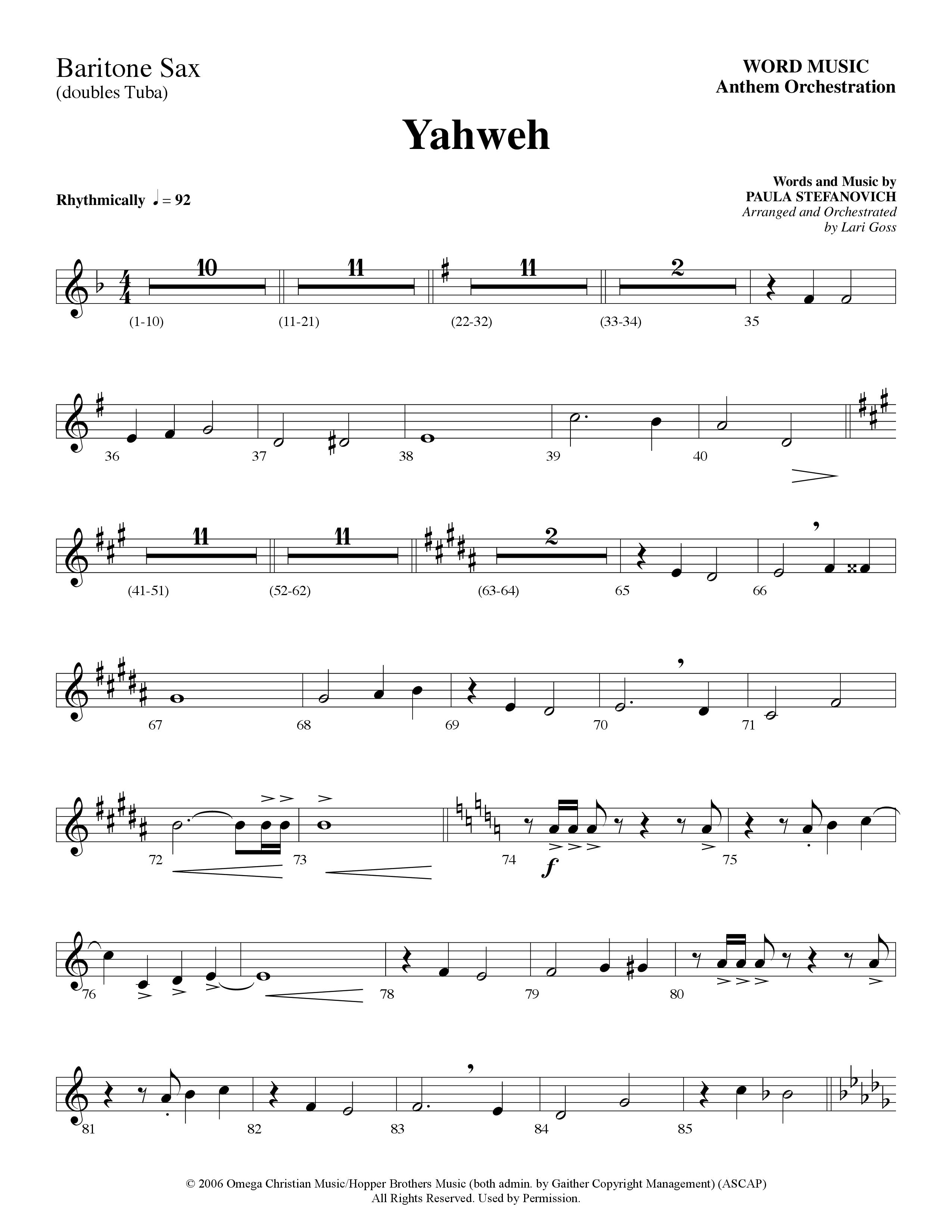 Yahweh (Choral Anthem SATB) Bari Sax (Word Music Choral / Arr. Lari Goss)