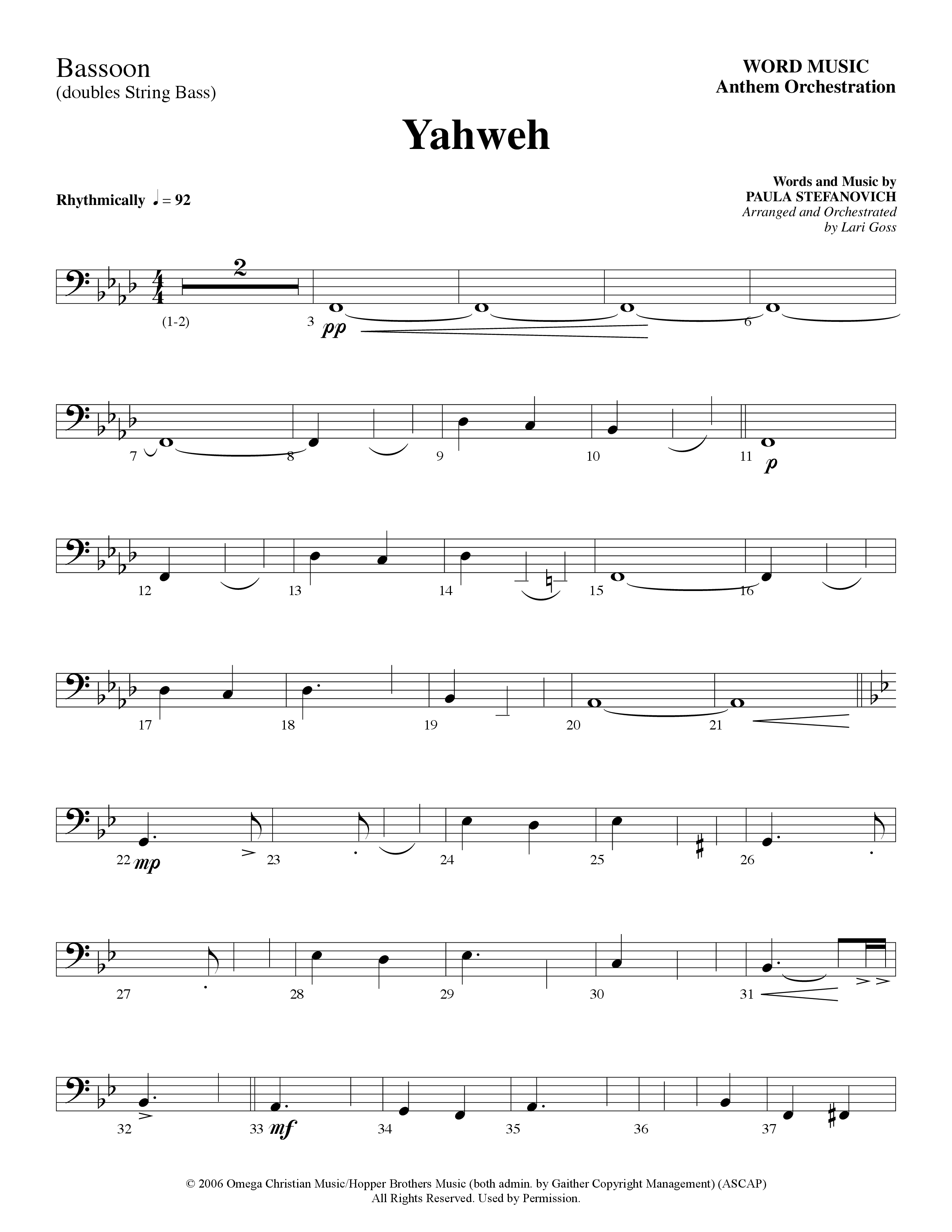 Yahweh (Choral Anthem SATB) Bassoon (Word Music Choral / Arr. Lari Goss)