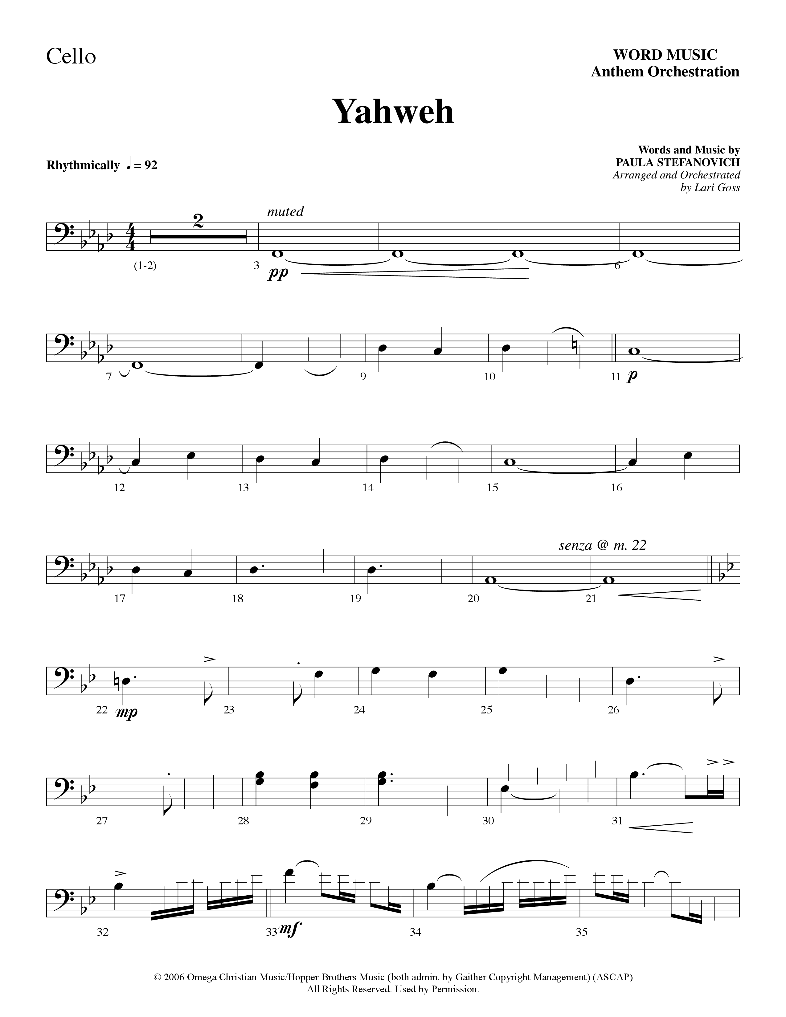 Yahweh (Choral Anthem SATB) Cello (Word Music Choral / Arr. Lari Goss)