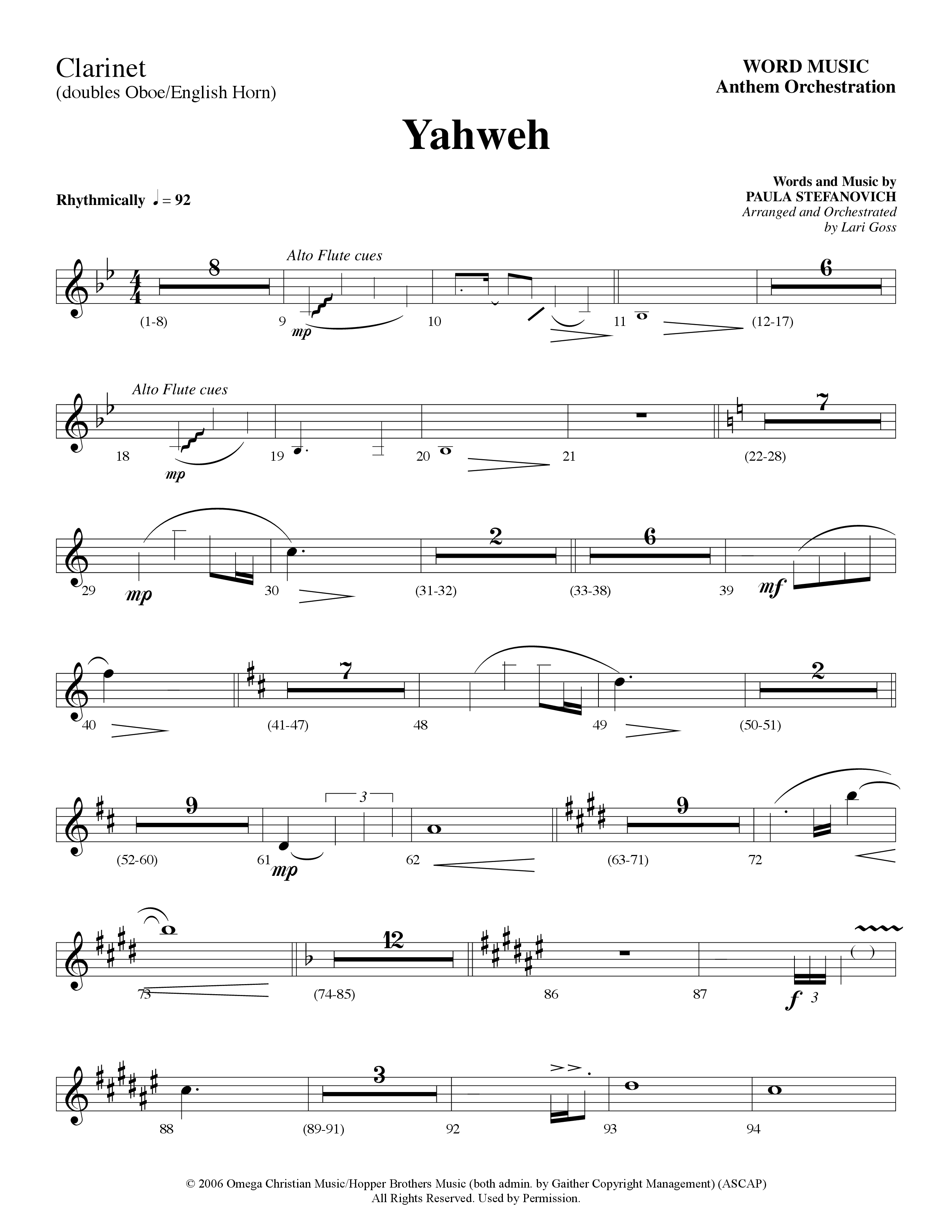 Yahweh (Choral Anthem SATB) Clarinet (Word Music Choral / Arr. Lari Goss)