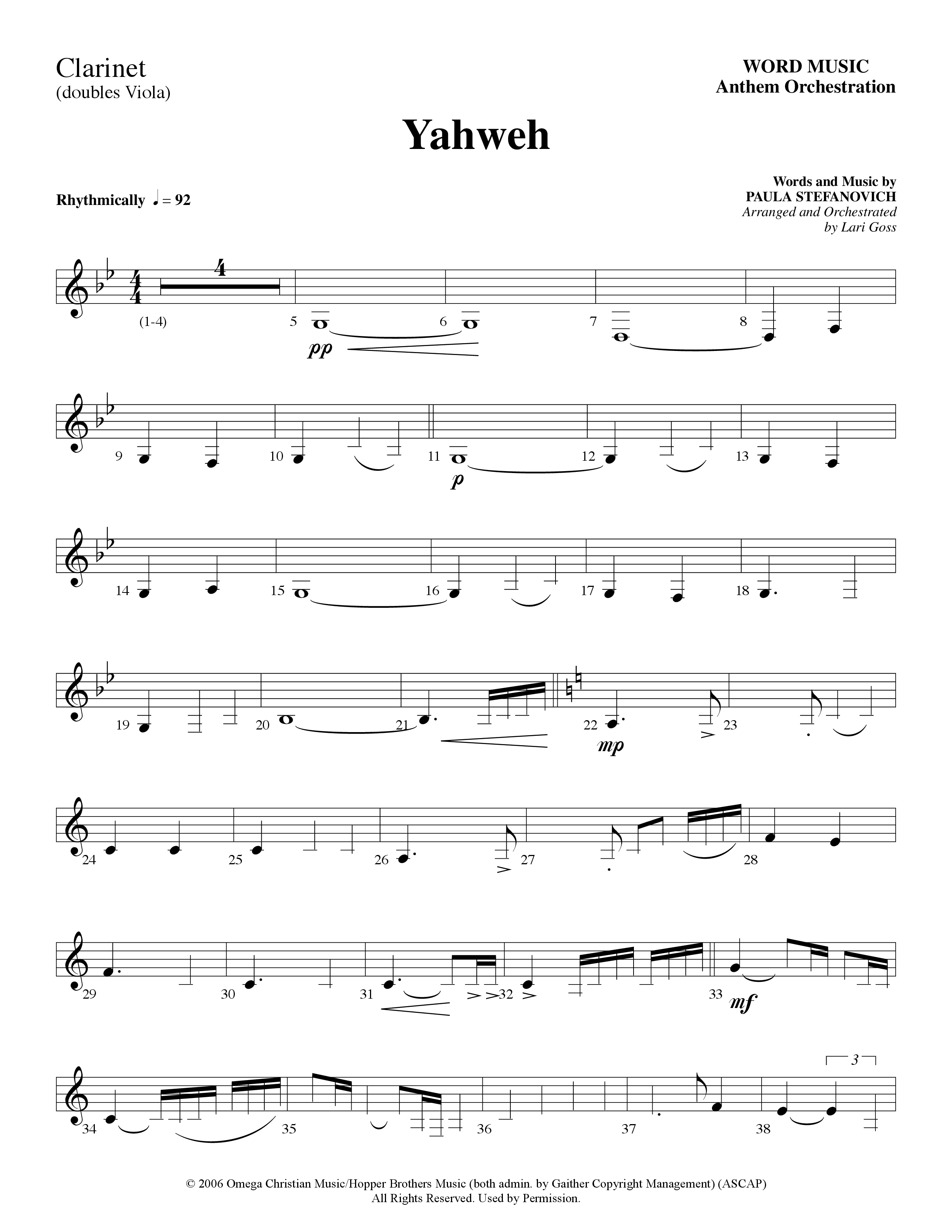 Yahweh (Choral Anthem SATB) Clarinet (Word Music Choral / Arr. Lari Goss)