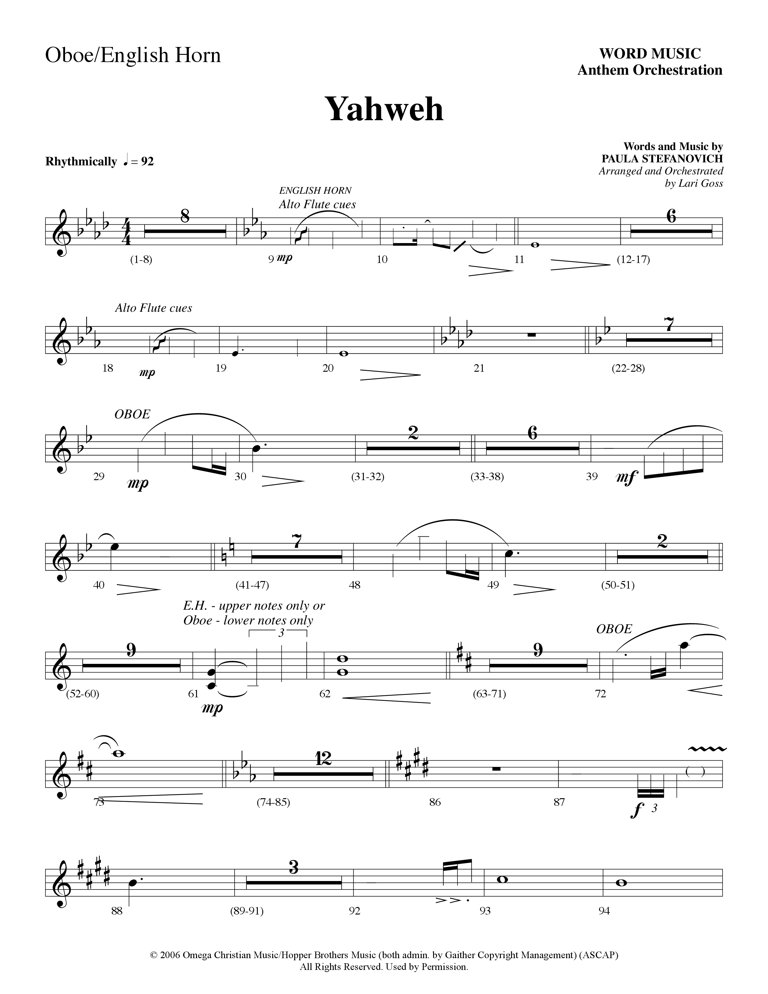 Yahweh (Choral Anthem SATB) Oboe (Word Music Choral / Arr. Lari Goss)