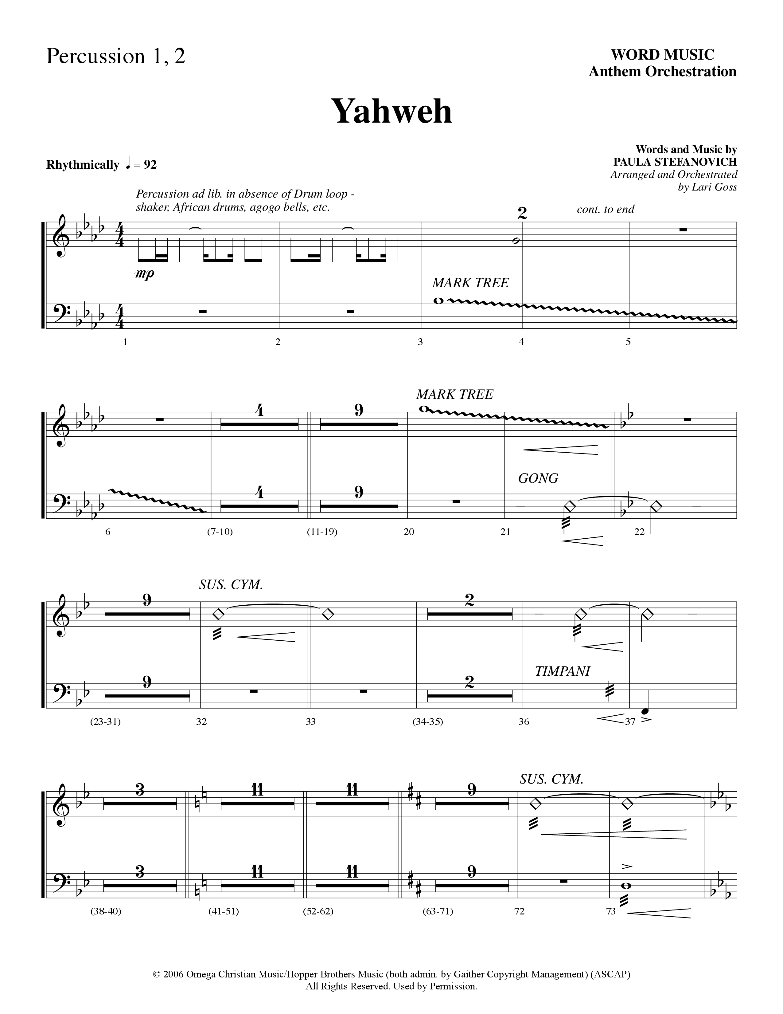 Yahweh (Choral Anthem SATB) Percussion 1/2 (Word Music Choral / Arr. Lari Goss)