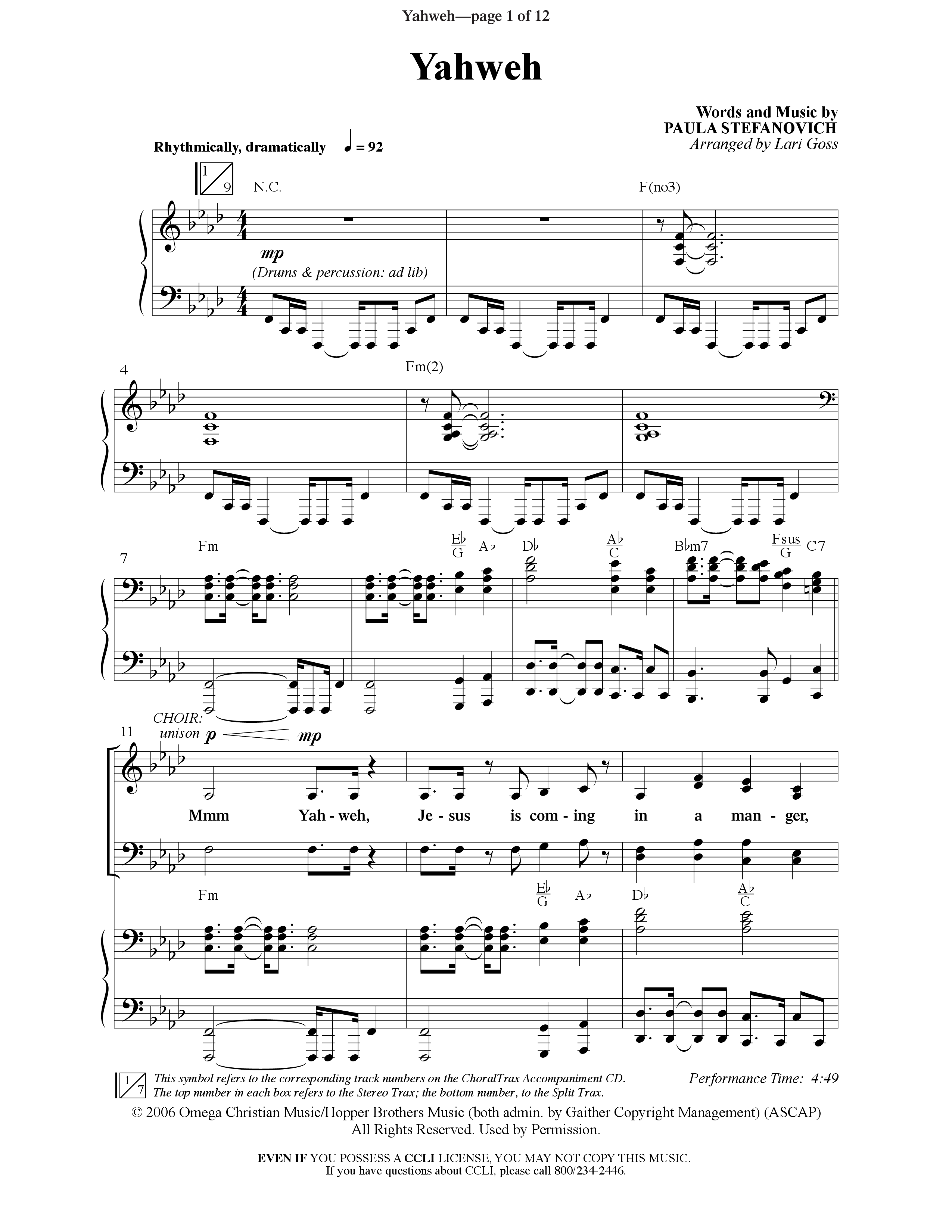 Yahweh (Choral Anthem SATB) Anthem (SATB/Piano) (Word Music Choral / Arr. Lari Goss)