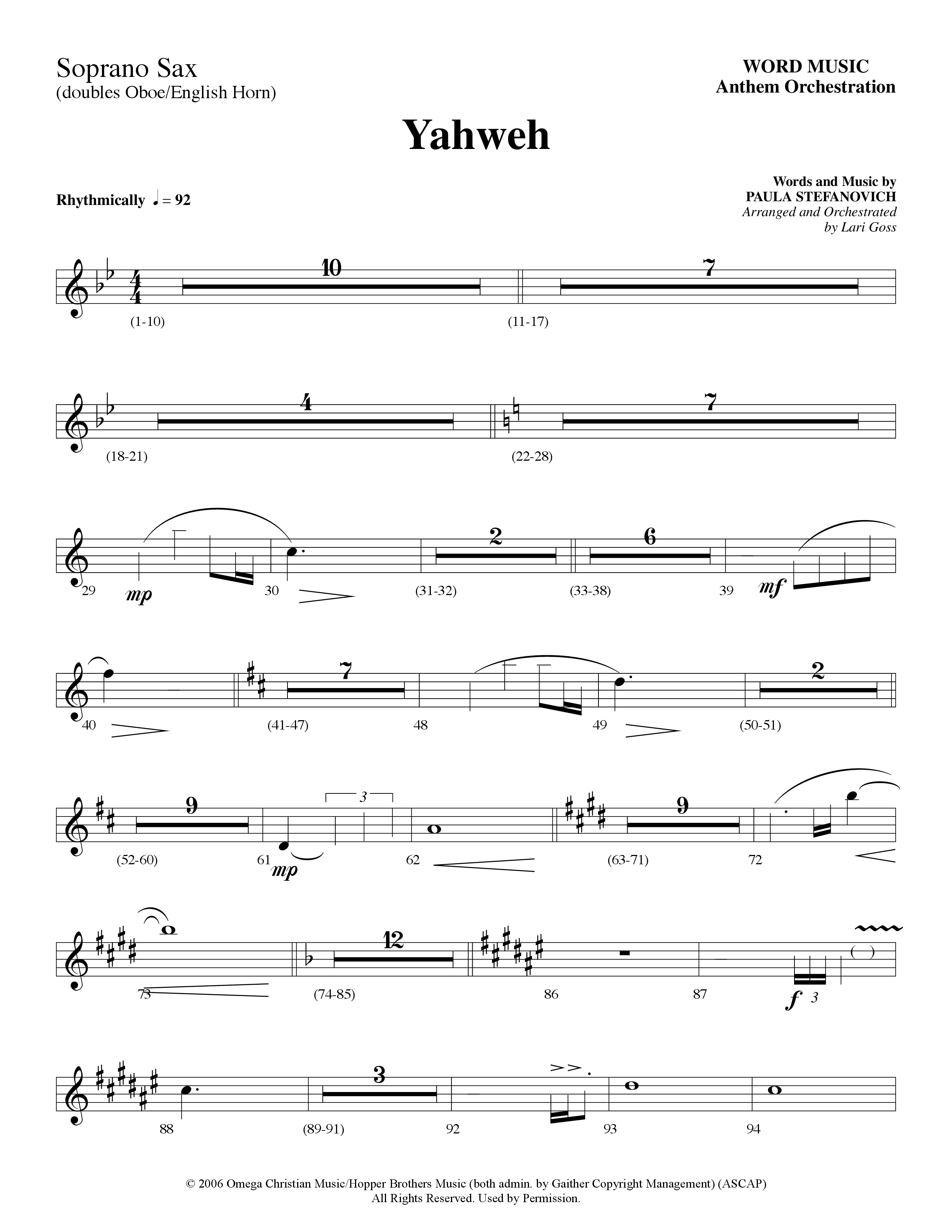 Yahweh (Choral Anthem SATB) Soprano Sax (Word Music Choral / Arr. Lari Goss)