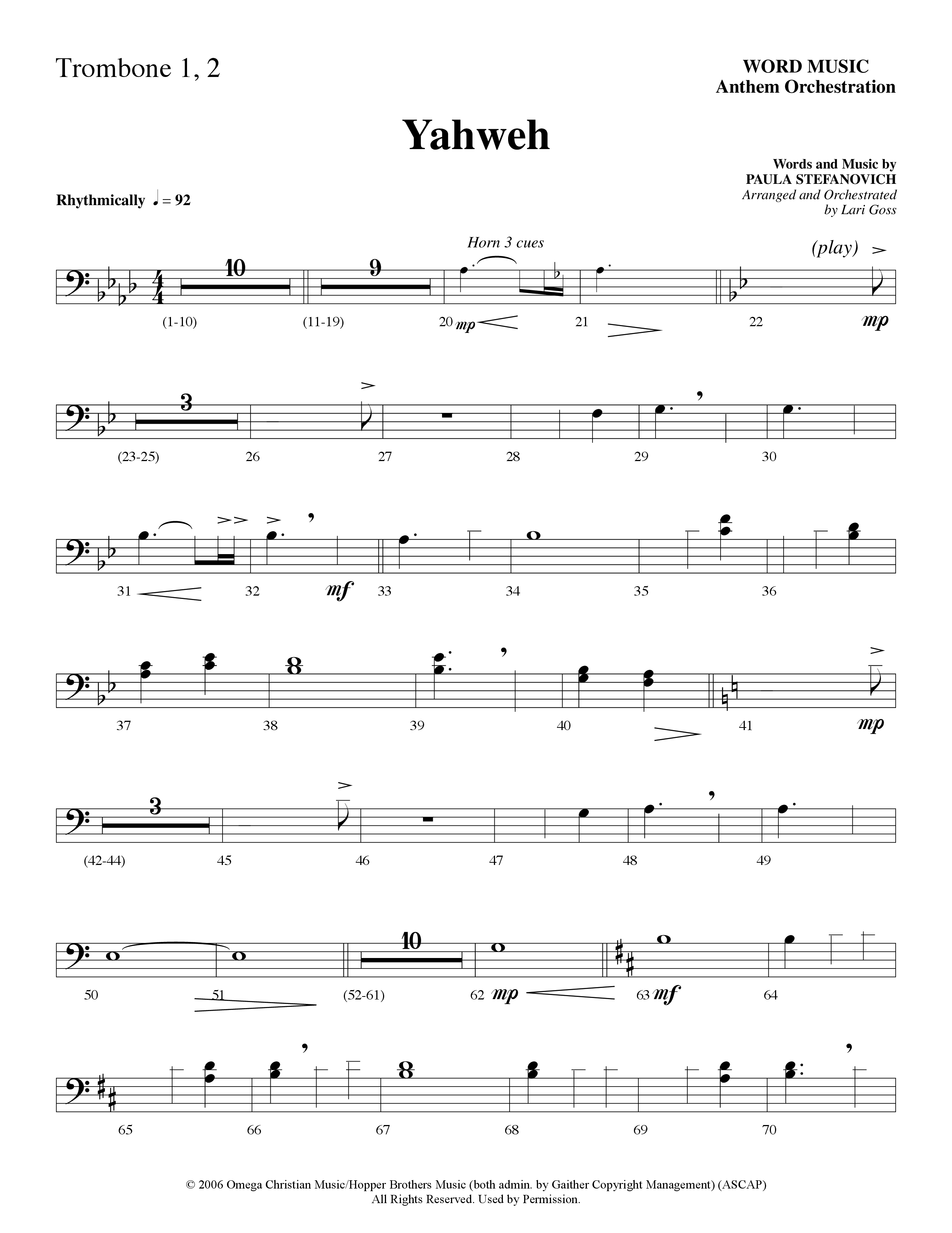 Yahweh (Choral Anthem SATB) Trombone 1/2 (Word Music Choral / Arr. Lari Goss)