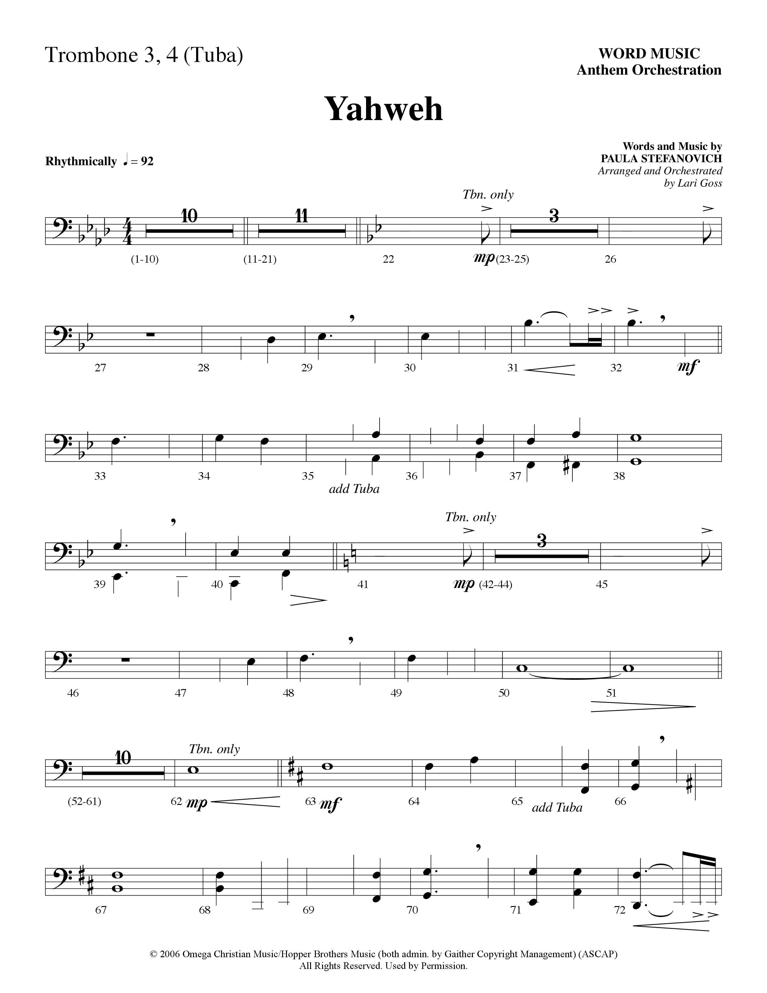 Yahweh (Choral Anthem SATB) Trombone 3/Tuba (Word Music Choral / Arr. Lari Goss)
