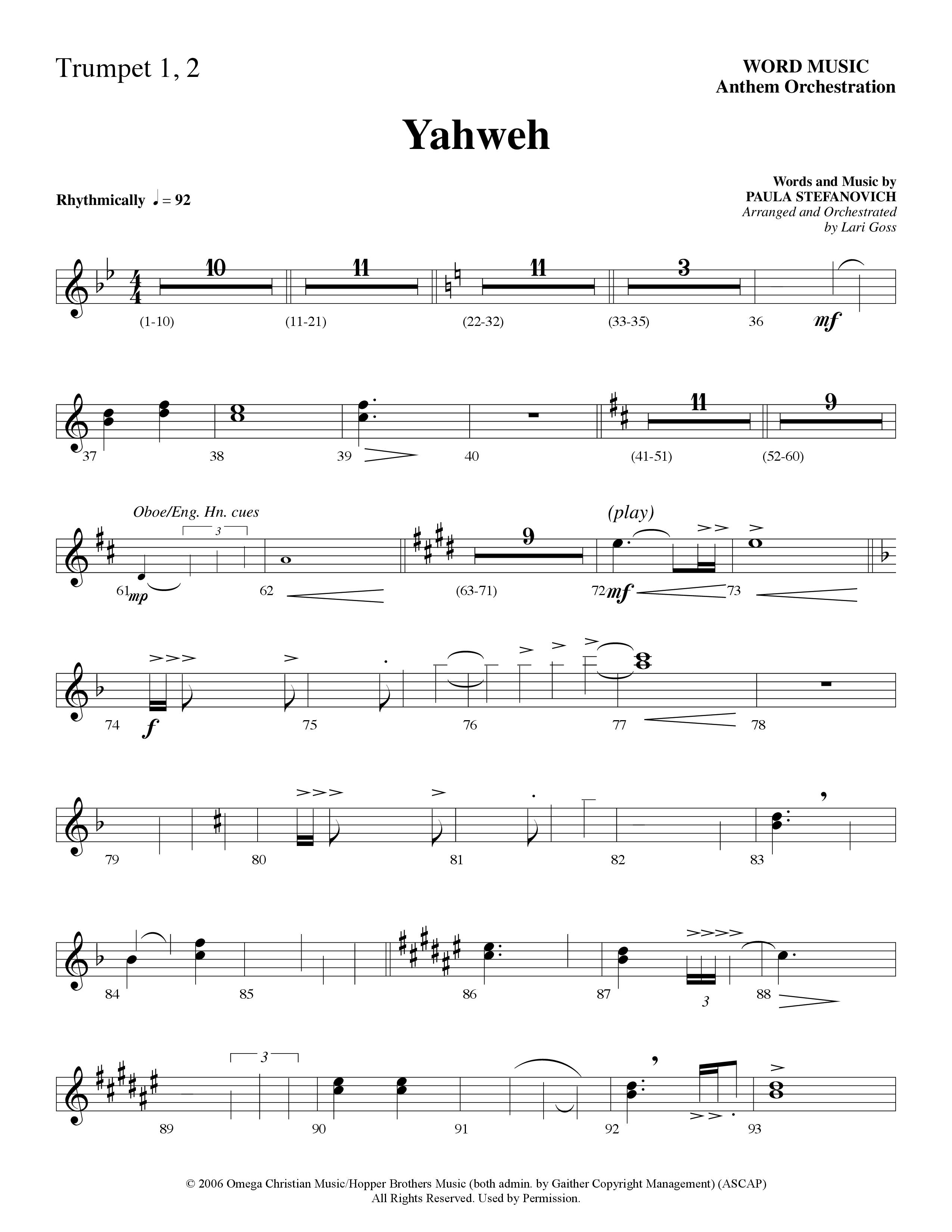 Yahweh (Choral Anthem SATB) Trumpet 1,2 (Word Music Choral / Arr. Lari Goss)