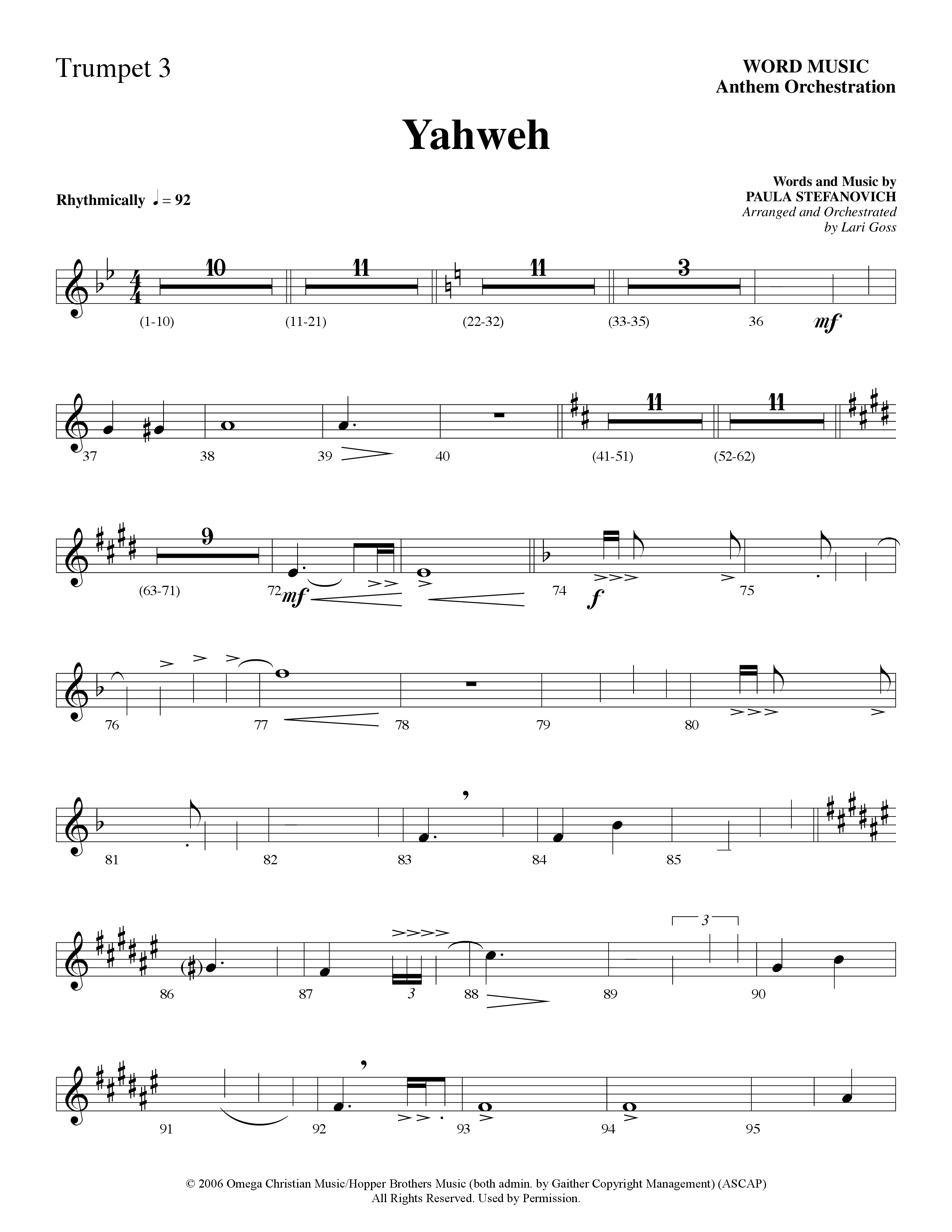 Yahweh (Choral Anthem SATB) Trumpet 3 (Word Music Choral / Arr. Lari Goss)